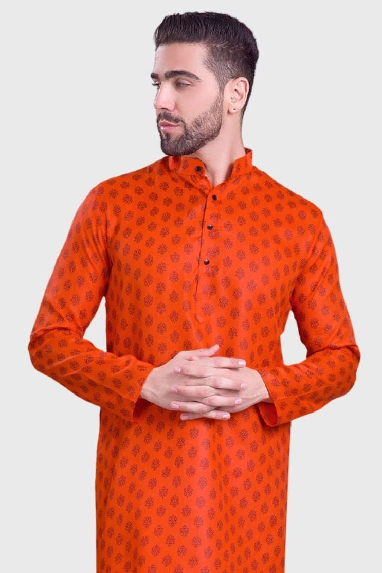 Tiger Orange Hloom Printed Cotton Kurta Pajama Set
