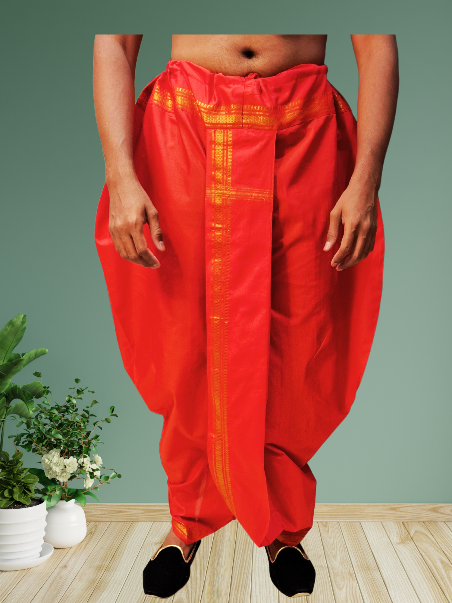 Red Pitambari Dhoti Ready To Wear Cotton Silk Dhoti