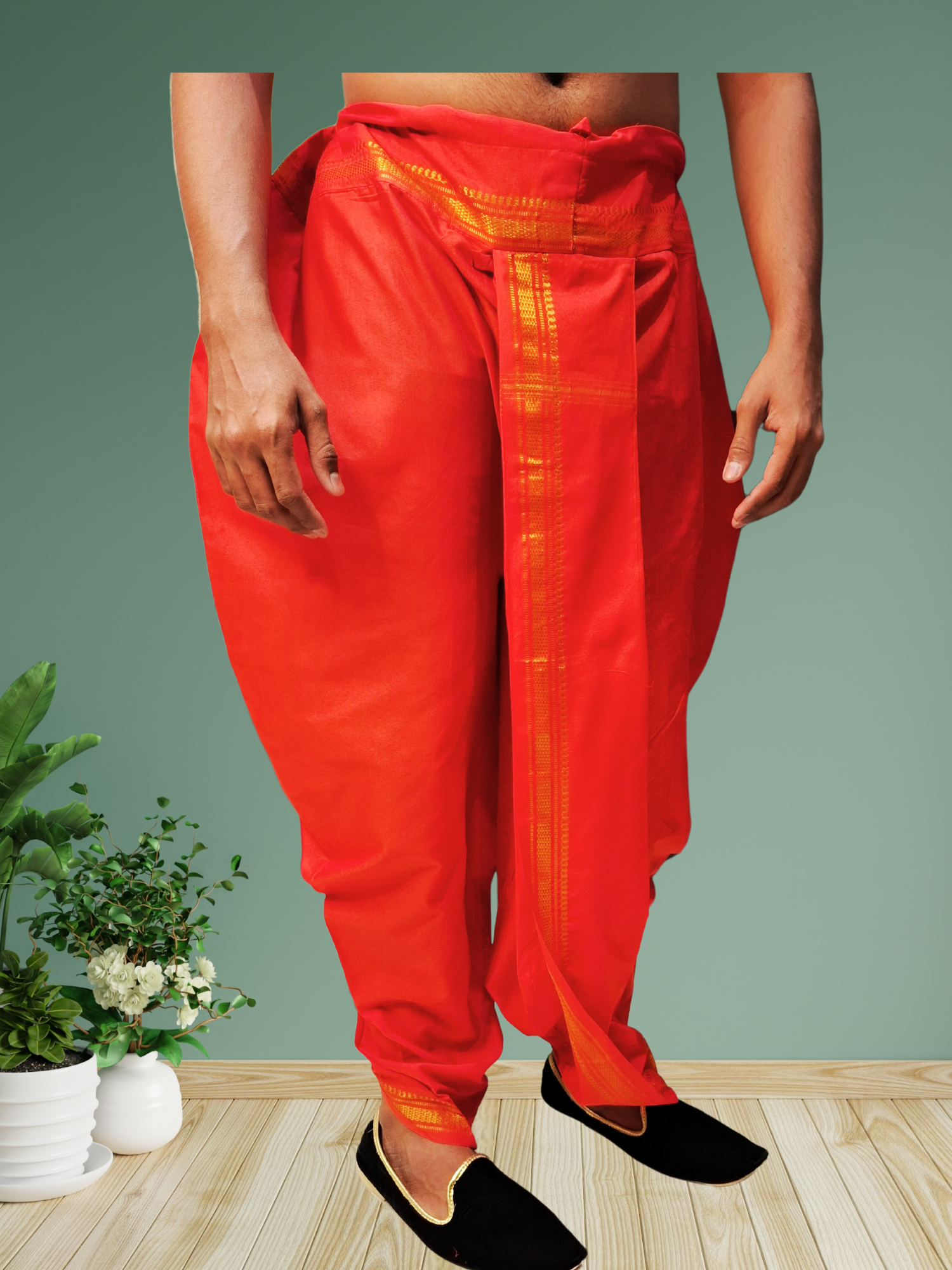 Red Pitambari Dhoti Ready To Wear Cotton Silk Dhoti