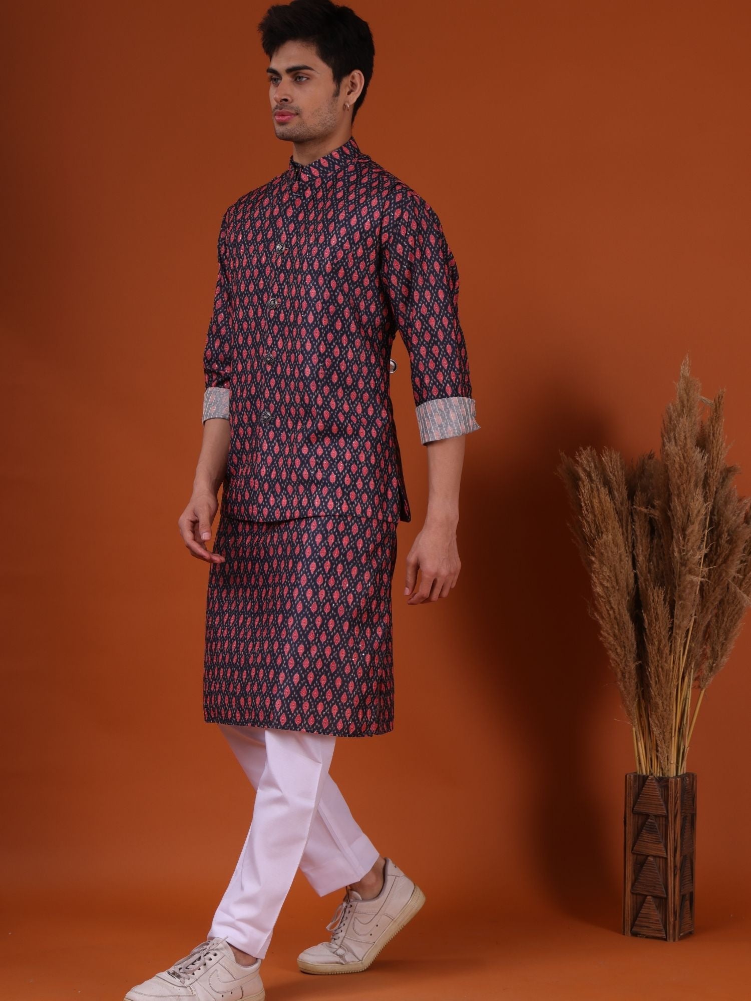 Jade Black Ikat Print Cotton Silk Kurta Jacket Set