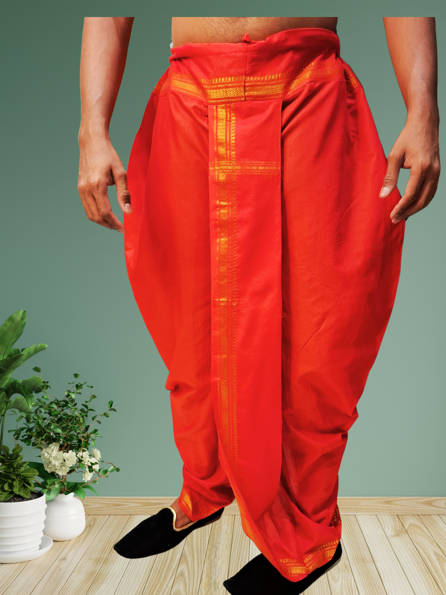 Red Pitambari Dhoti Ready To Wear Cotton Silk Dhoti