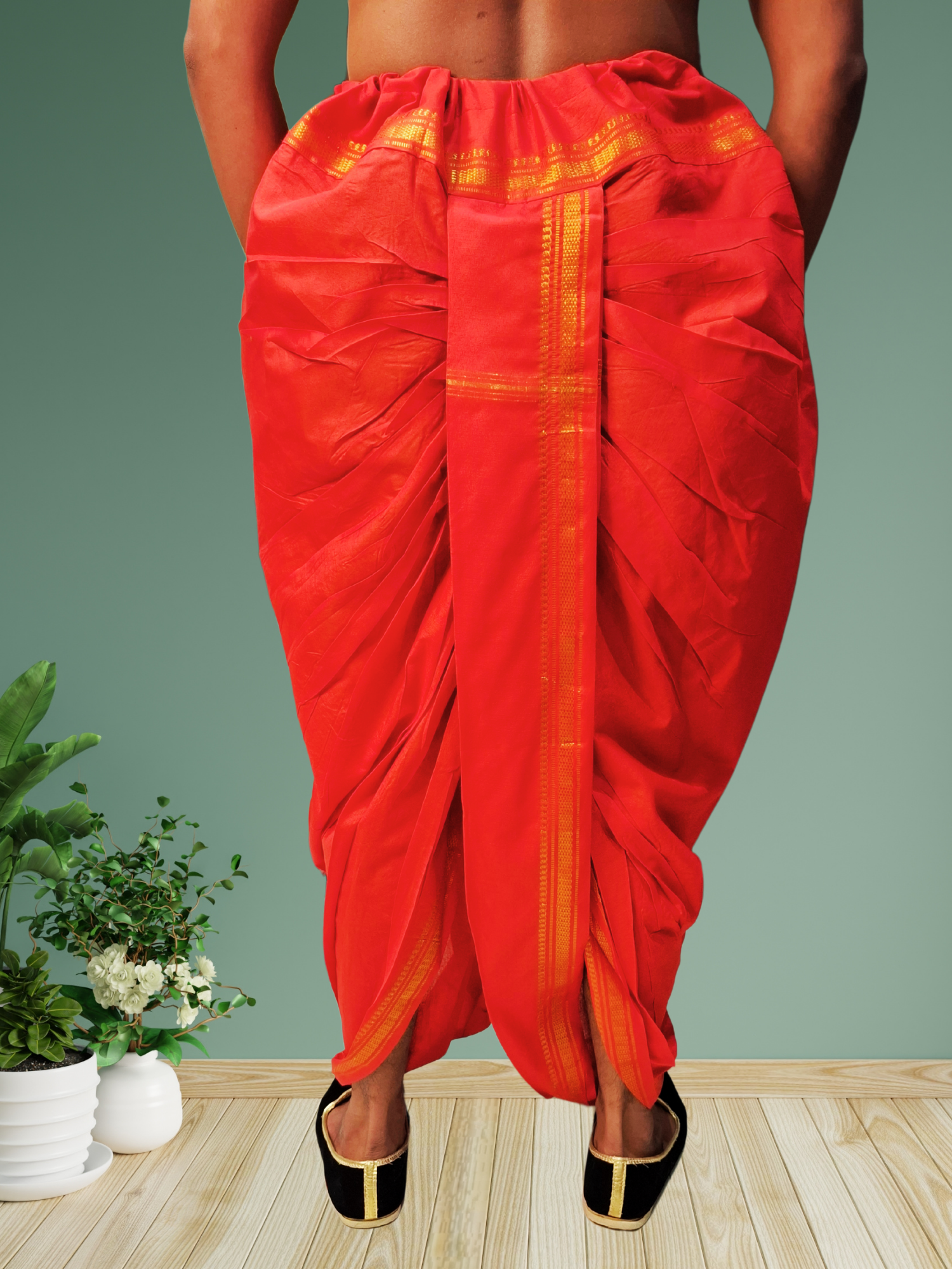 Red Pitambari Dhoti Ready To Wear Cotton Silk Dhoti