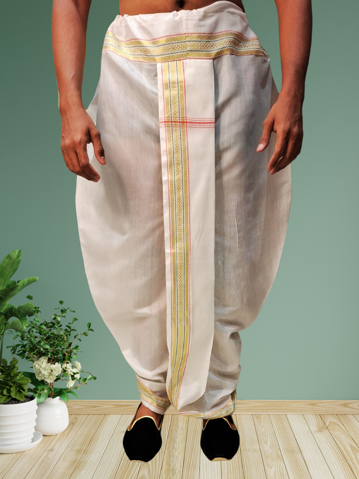 White Pitambari Dhoti Ready To Wear Cotton Silk Dhoti