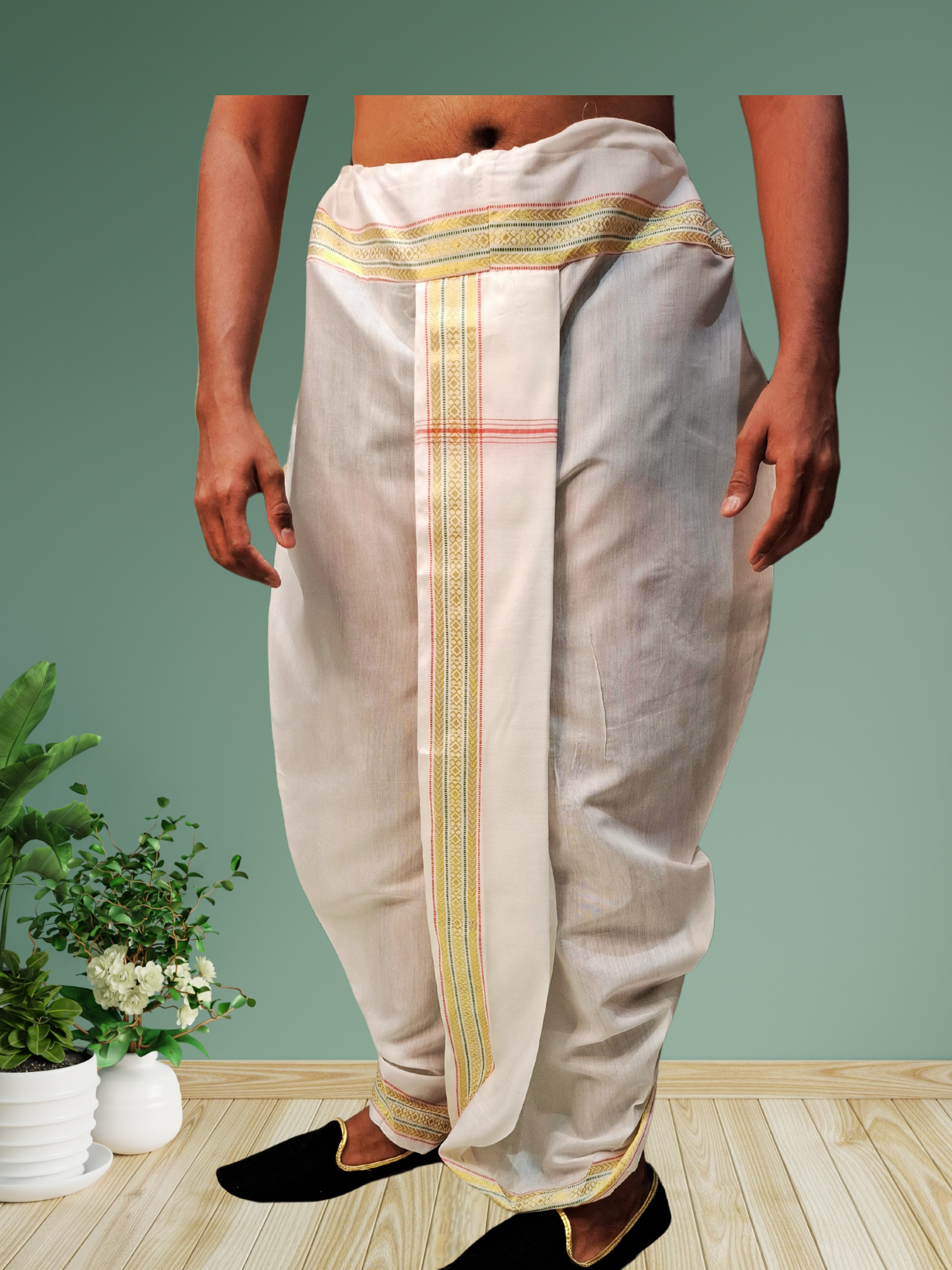 White Pitambari Dhoti Ready To Wear Cotton Silk Dhoti