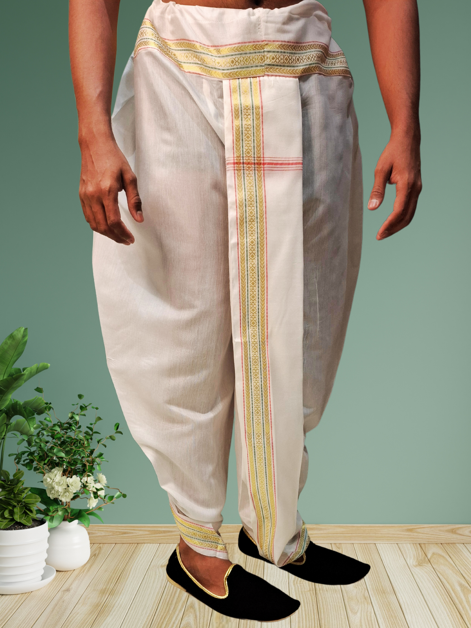 White Pitambari Dhoti Ready To Wear Cotton Silk Dhoti