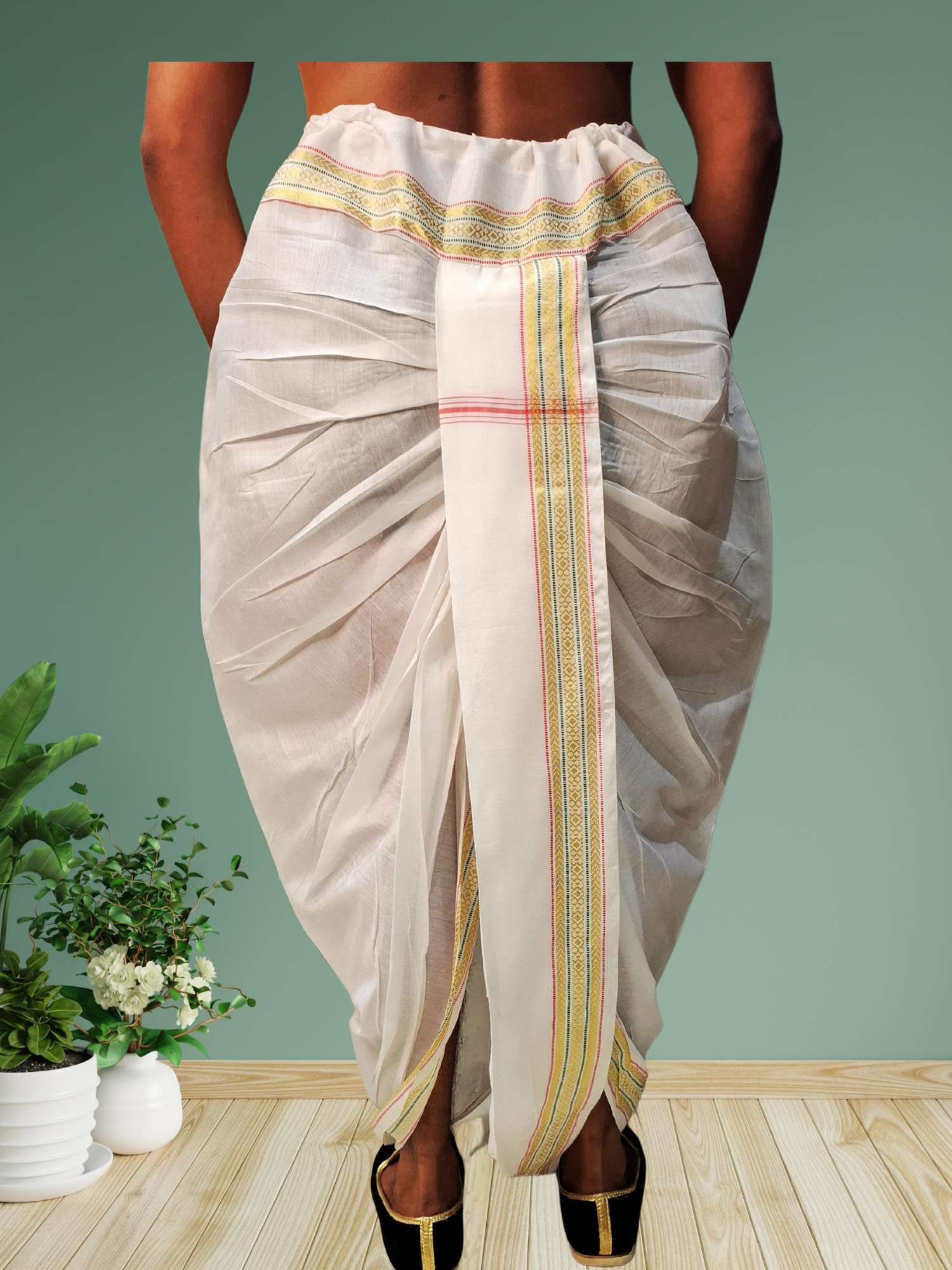 White Pitambari Dhoti Ready To Wear Cotton Silk Dhoti