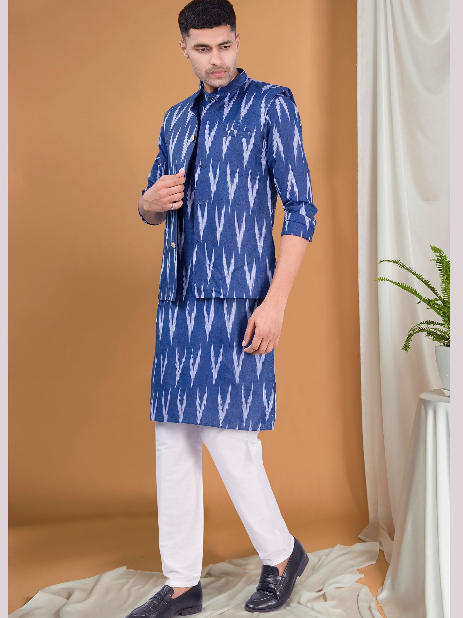 Iris Blue Ikat Print Kurta Jacket Set