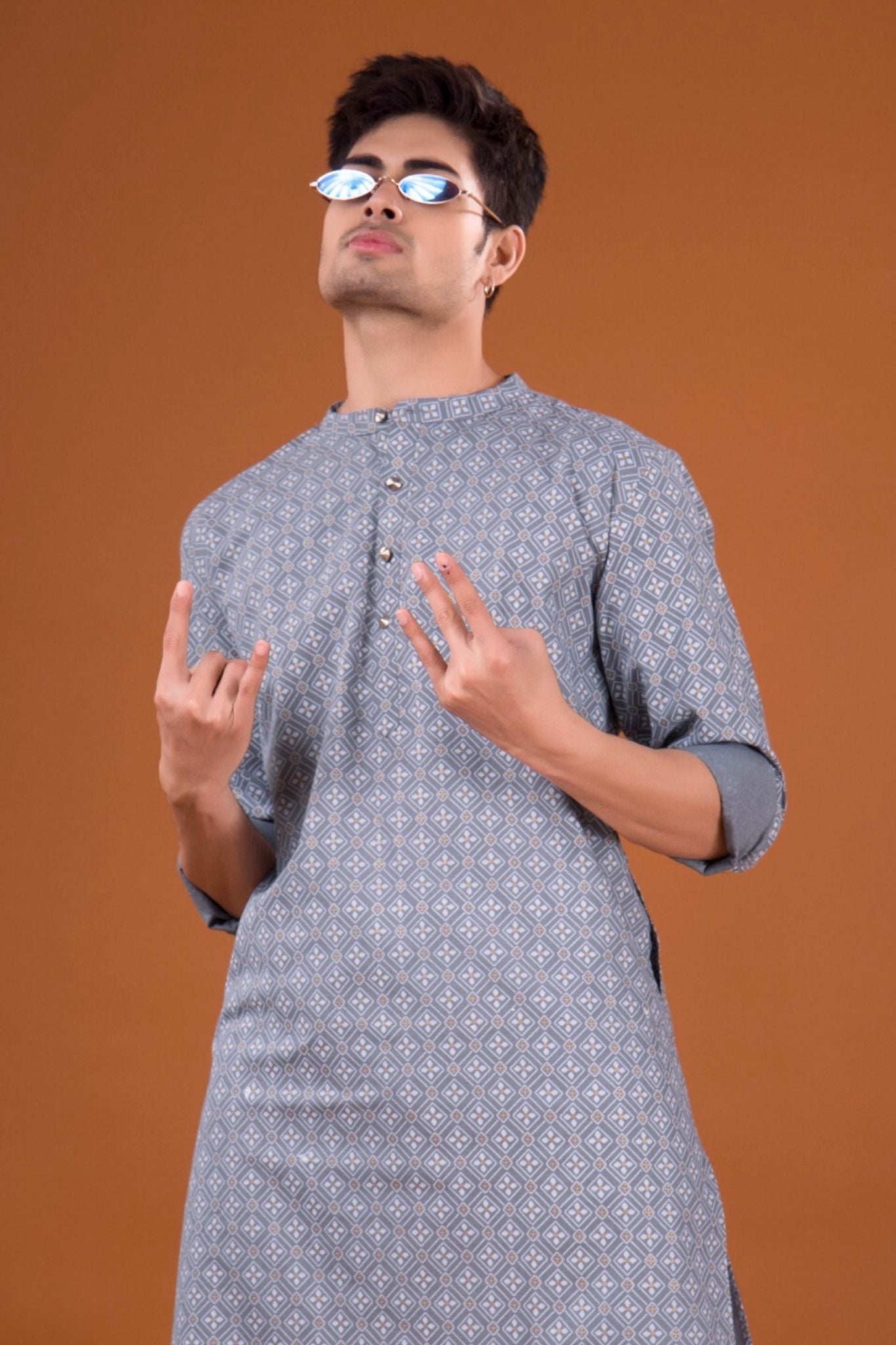 Metal Grey Lotus Gold Printed Cotton Kurta