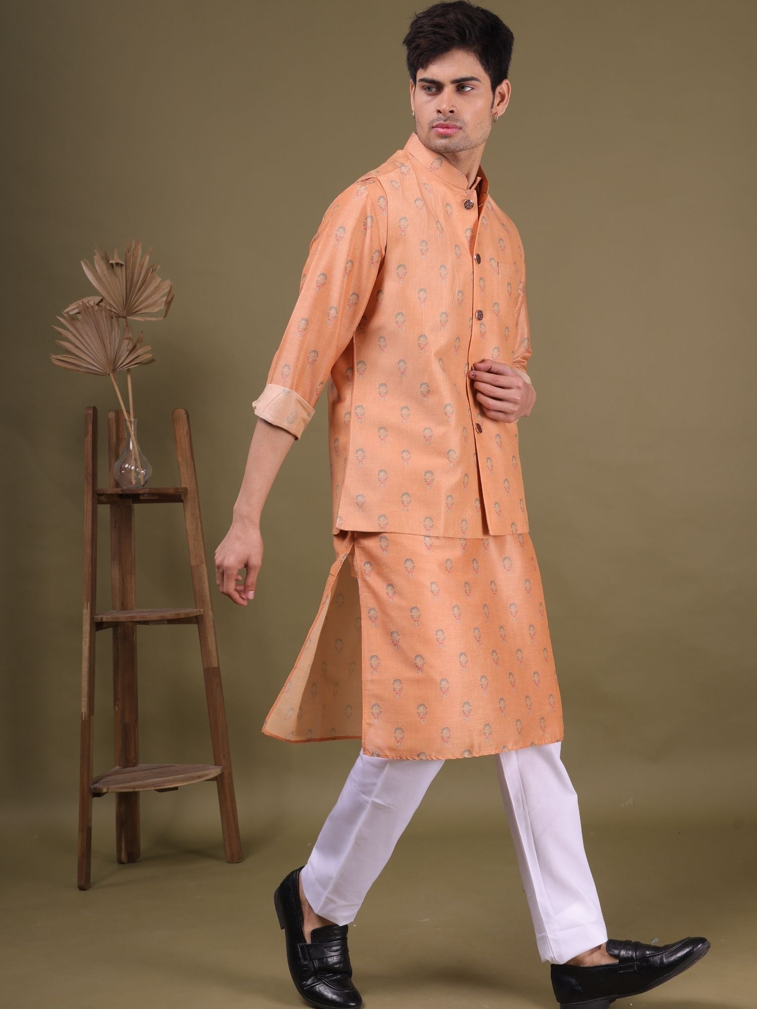 Apricot Orange Buti Pattern Cotton Silk Kurta Jacket Set
