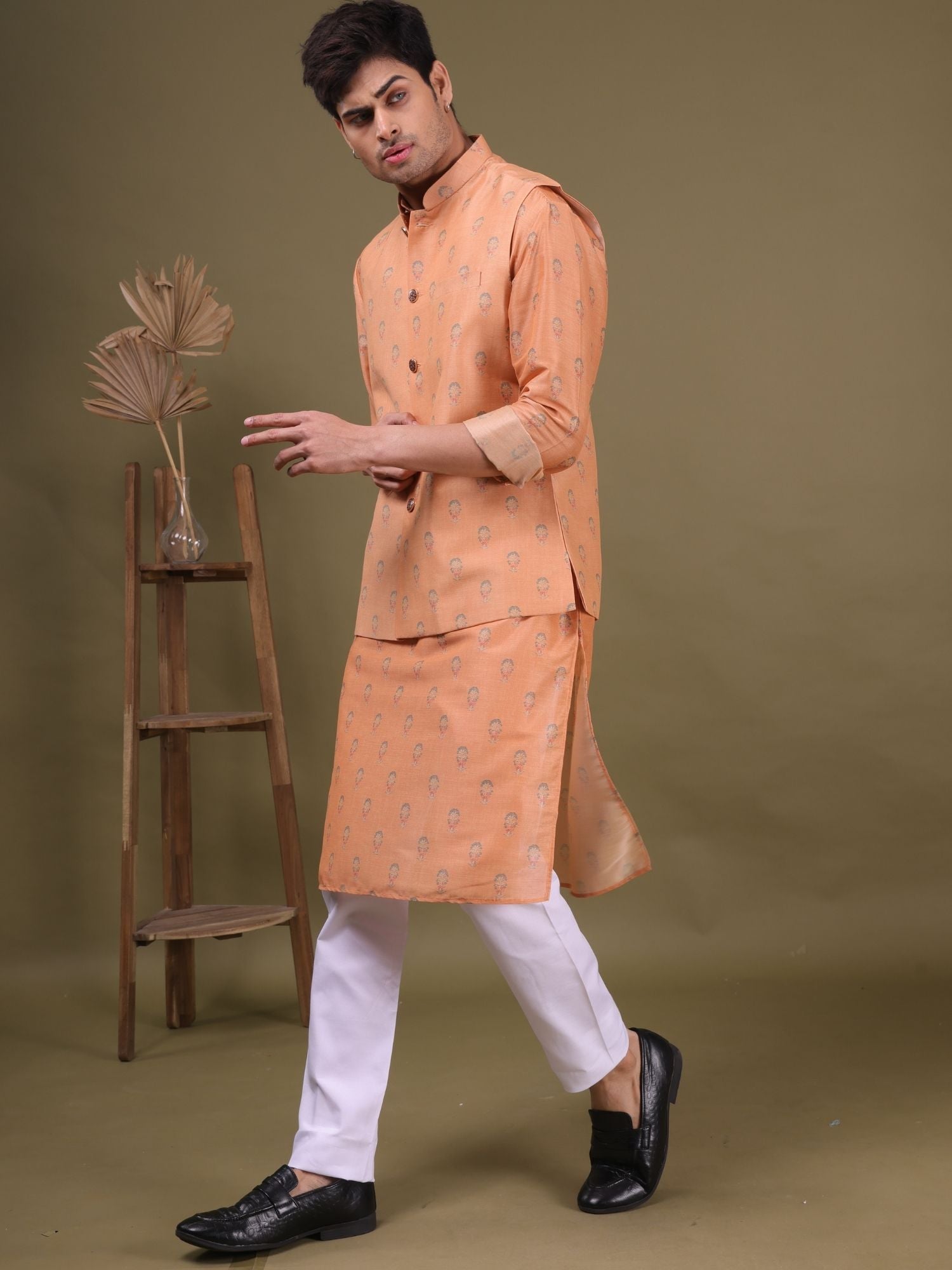 Apricot Orange Buti Pattern Cotton Silk Kurta Jacket Set