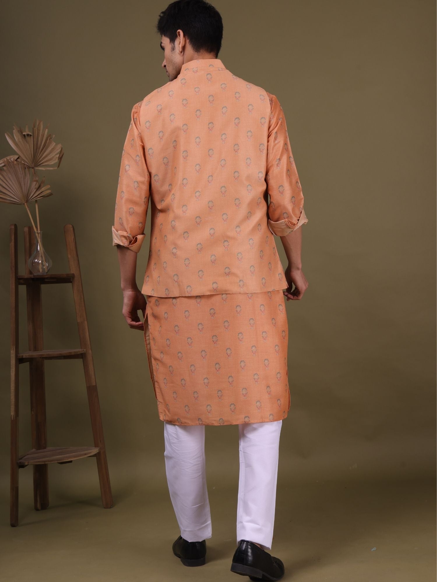 Apricot Orange Buti Pattern Cotton Silk Kurta Jacket Set