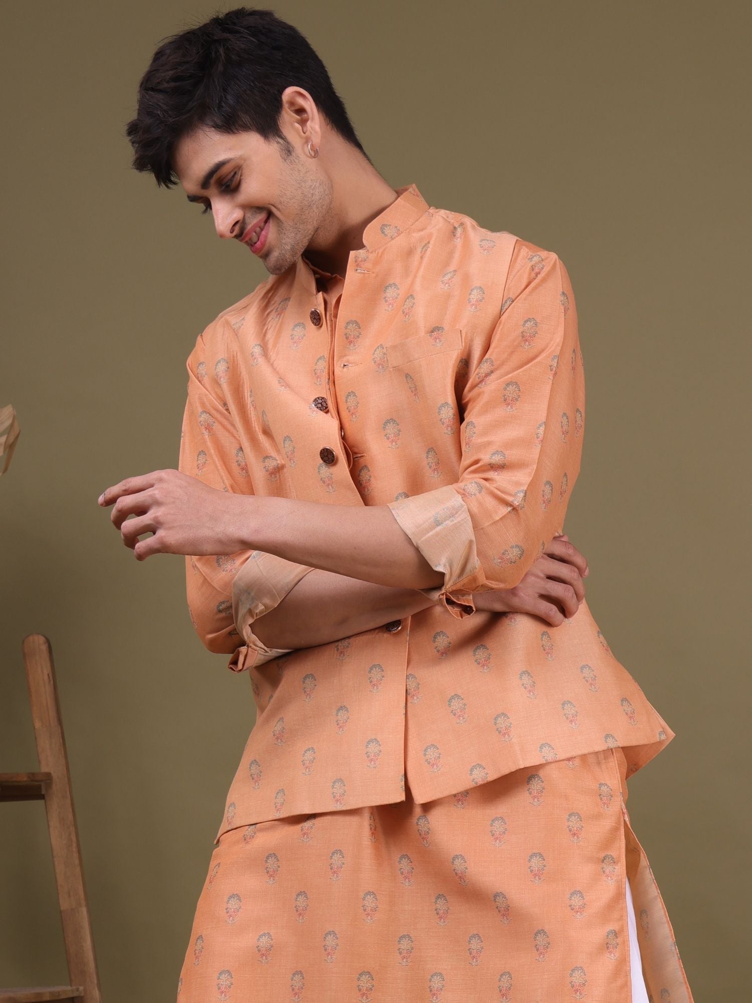 Apricot Orange Buti Pattern Cotton Silk Kurta Jacket Set