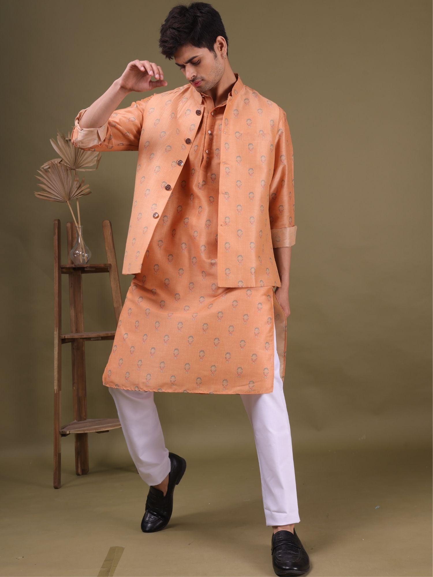 Apricot Orange Buti Pattern Cotton Silk Kurta Jacket Set