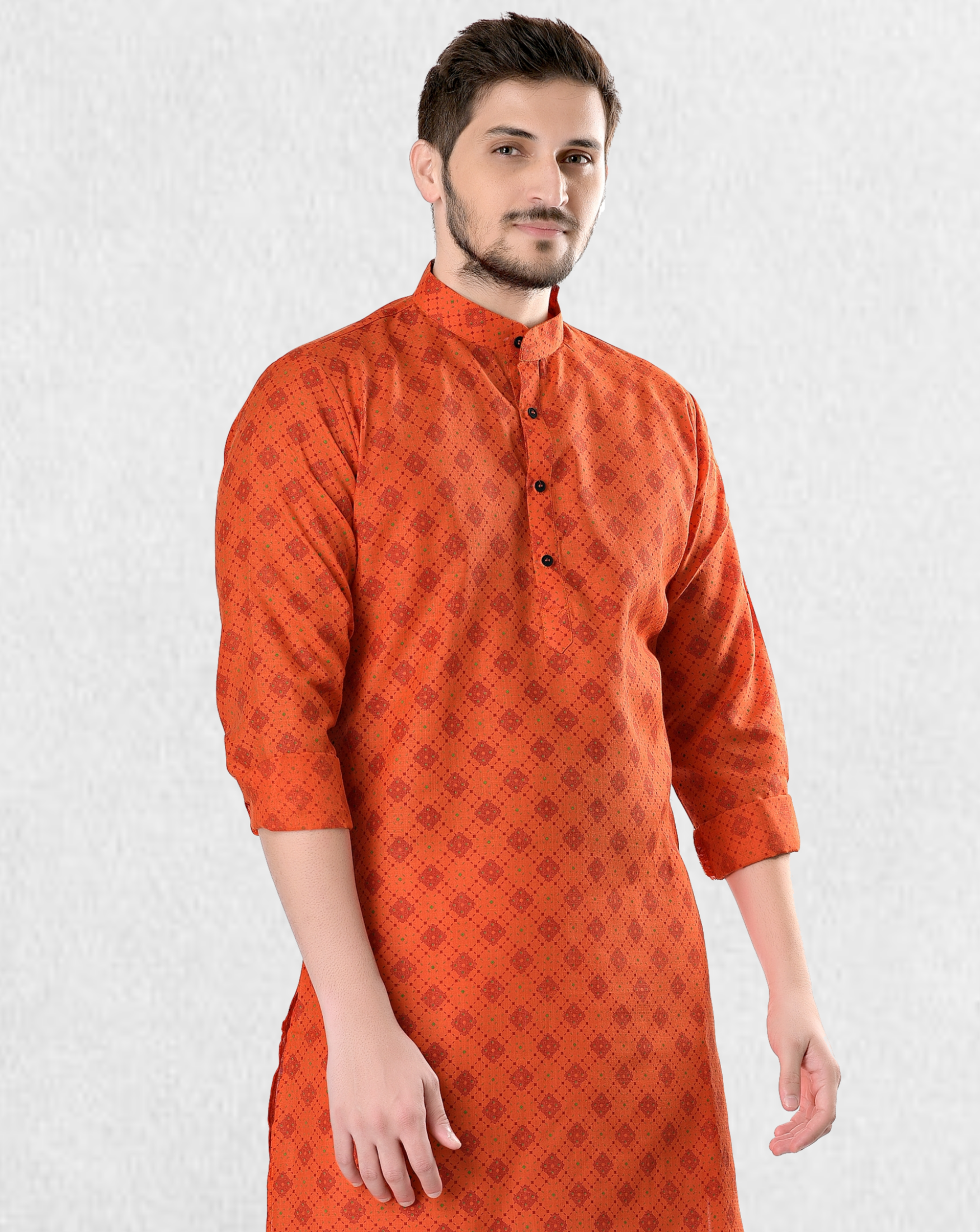 Tiger Orange Cotton Designer Printed Kurta and Matching Dhoti