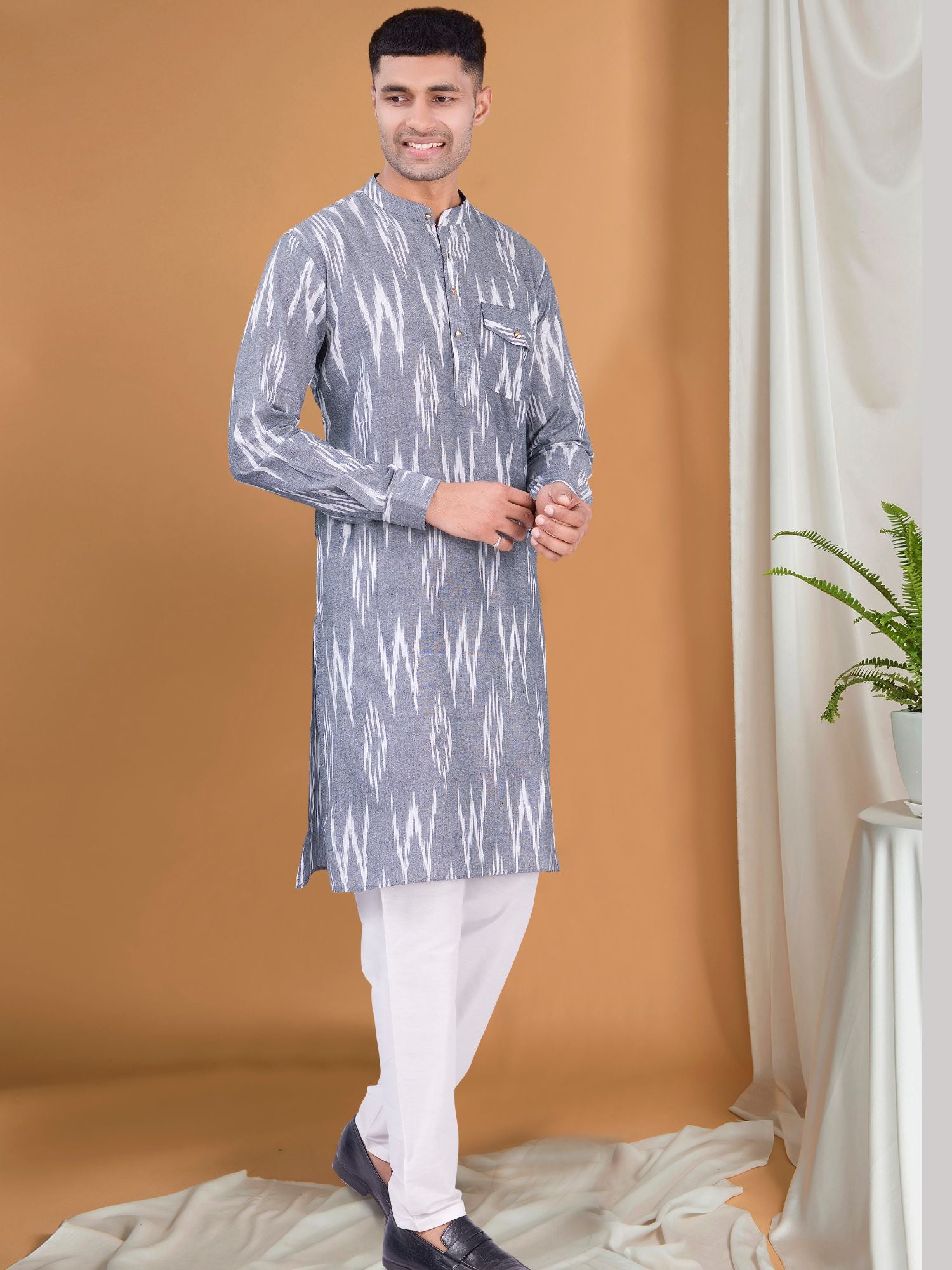 Metal Grey Ikat Print Cotton Kurta