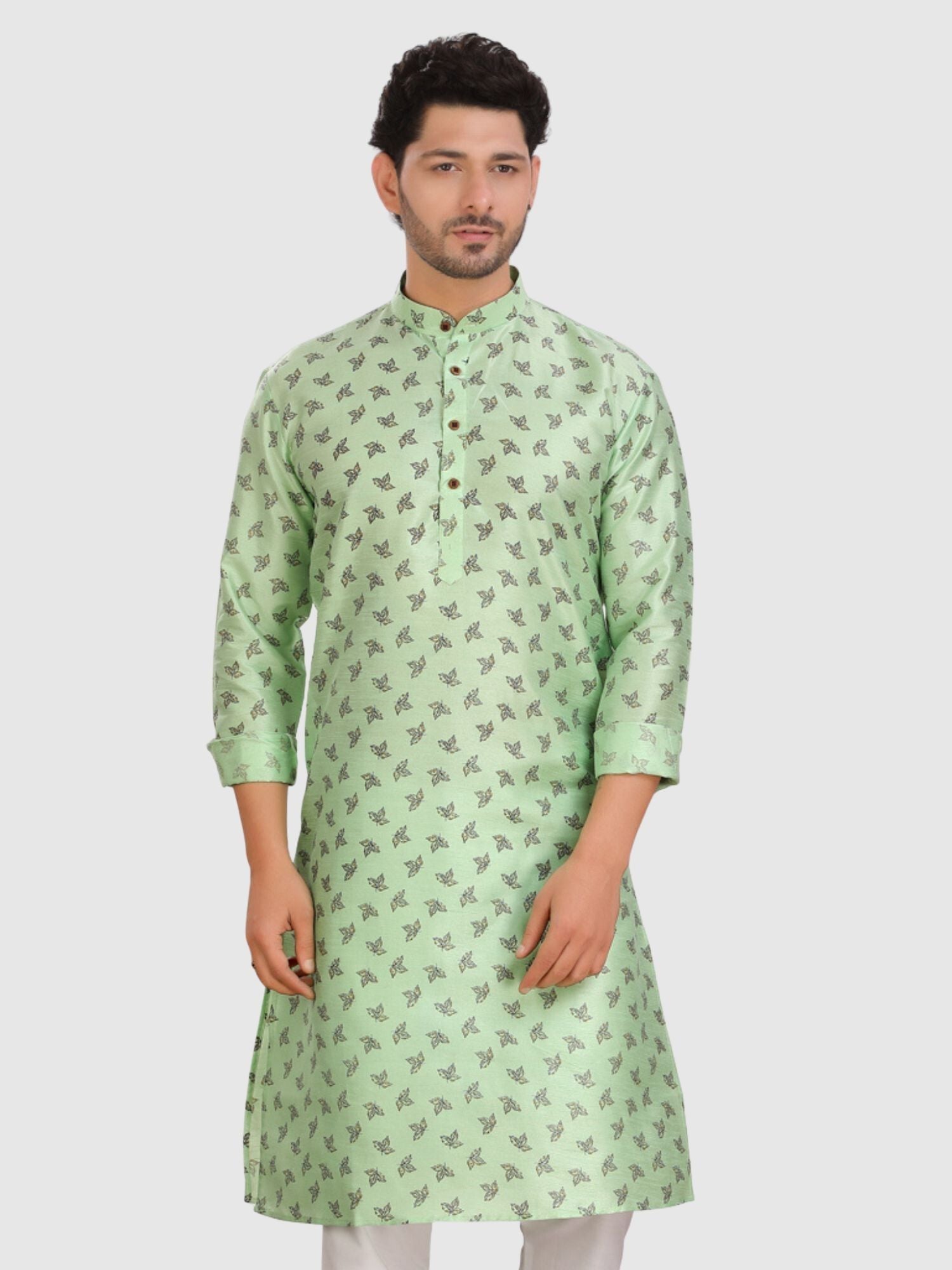 Tropical Green Silk Printed Kurta and Matching Dhoti