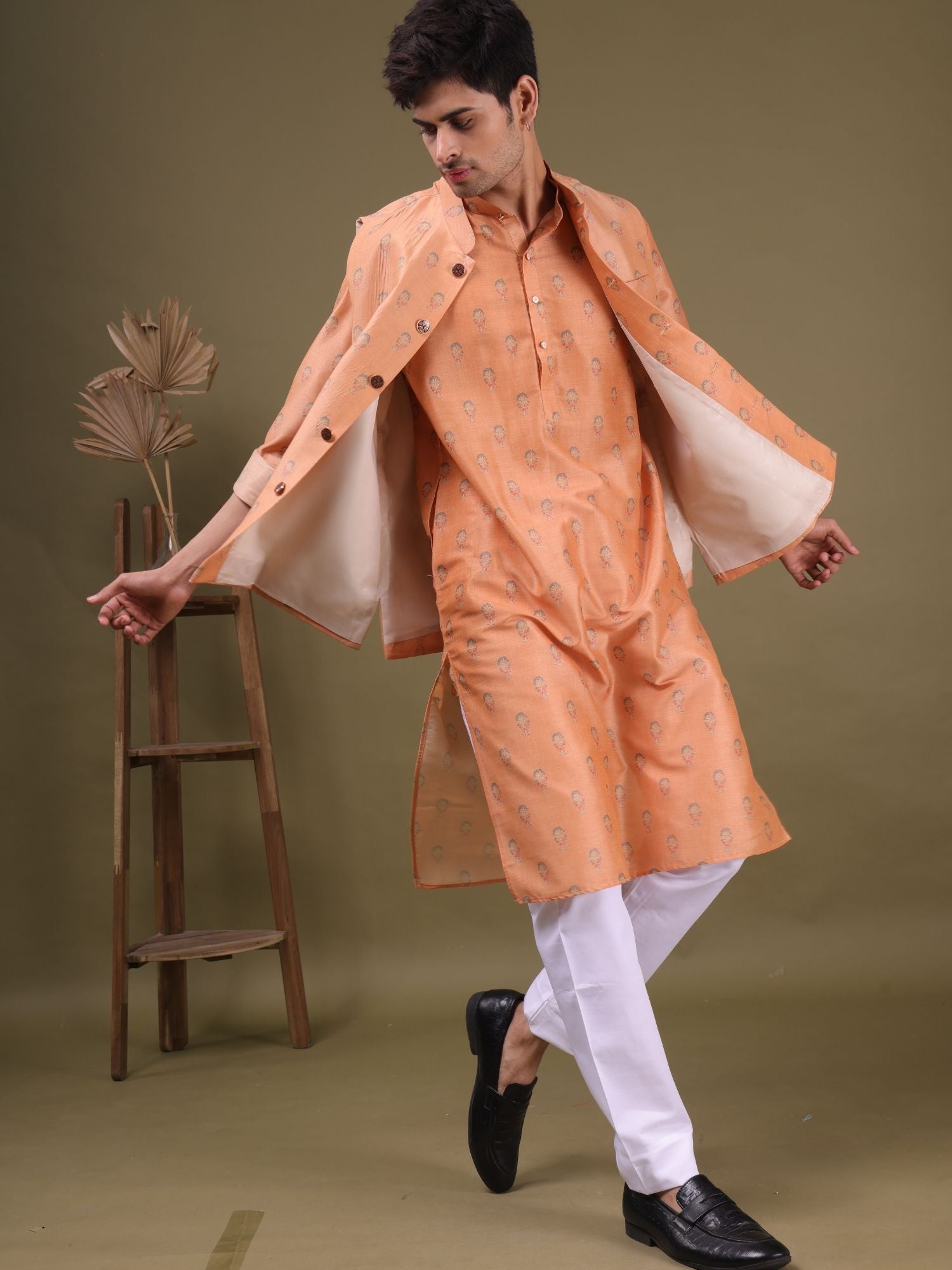 Apricot Orange Buti Pattern Cotton Silk Kurta Jacket Set