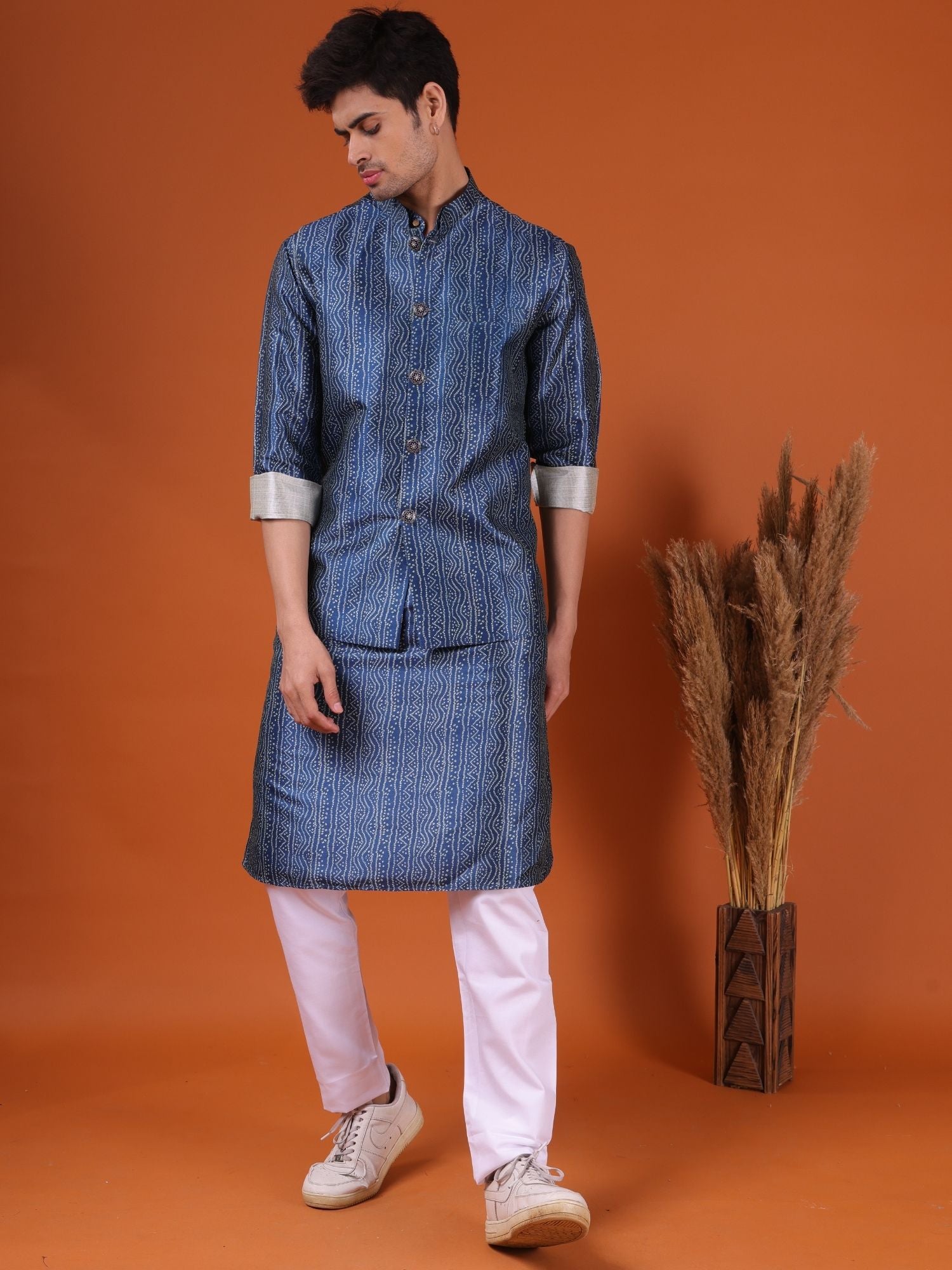 Iris Blue Bandhani Pattern Cotton Silk Kurta Jacket Set