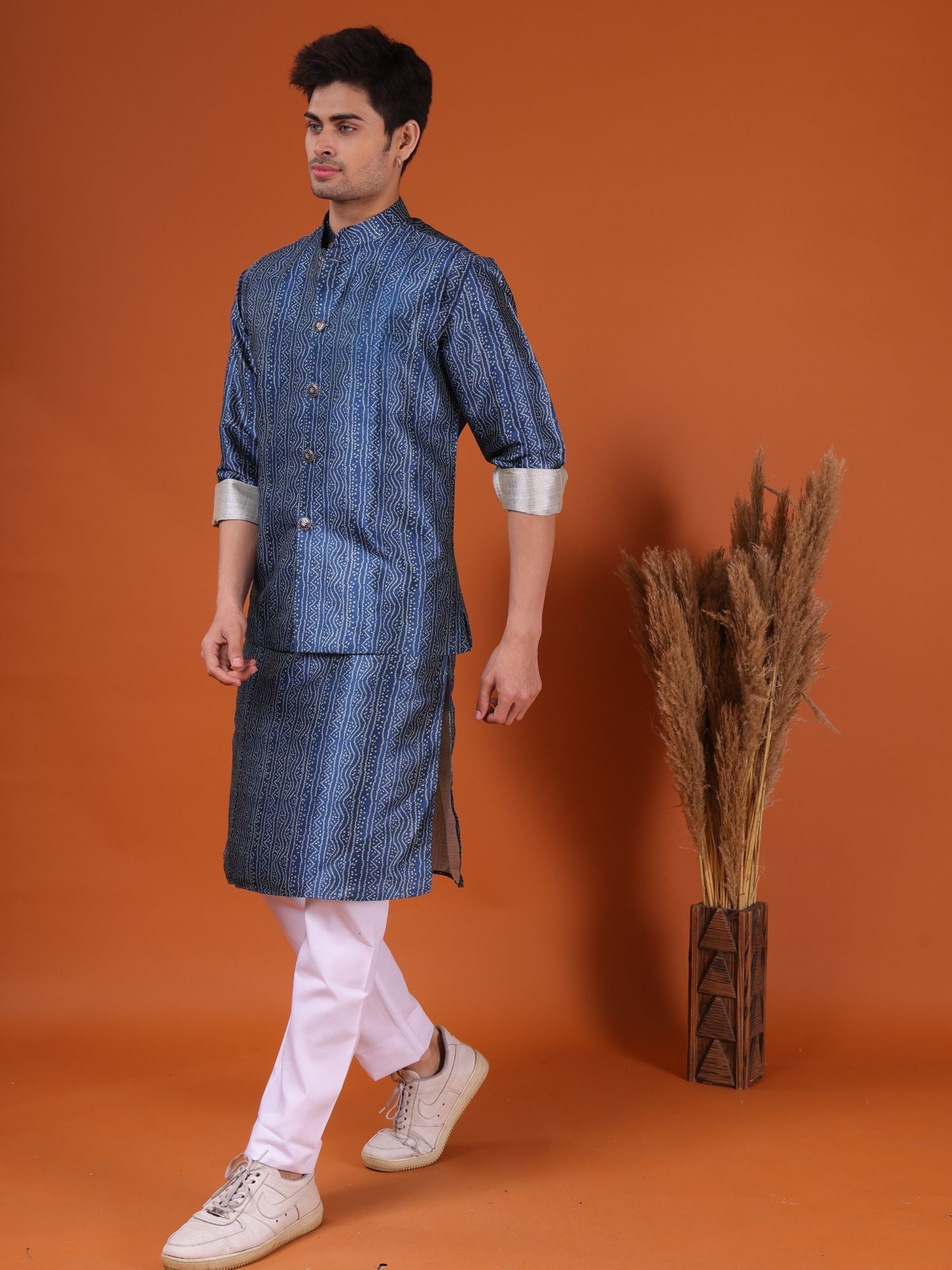 Iris Blue Bandhani Pattern Cotton Silk Kurta Jacket Set