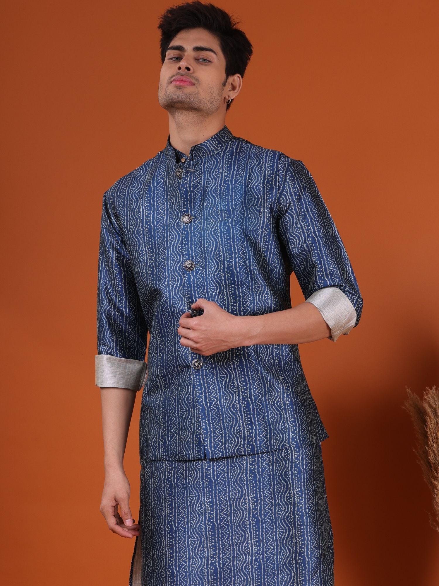 Iris Blue Bandhani Pattern Cotton Silk Kurta Jacket Set
