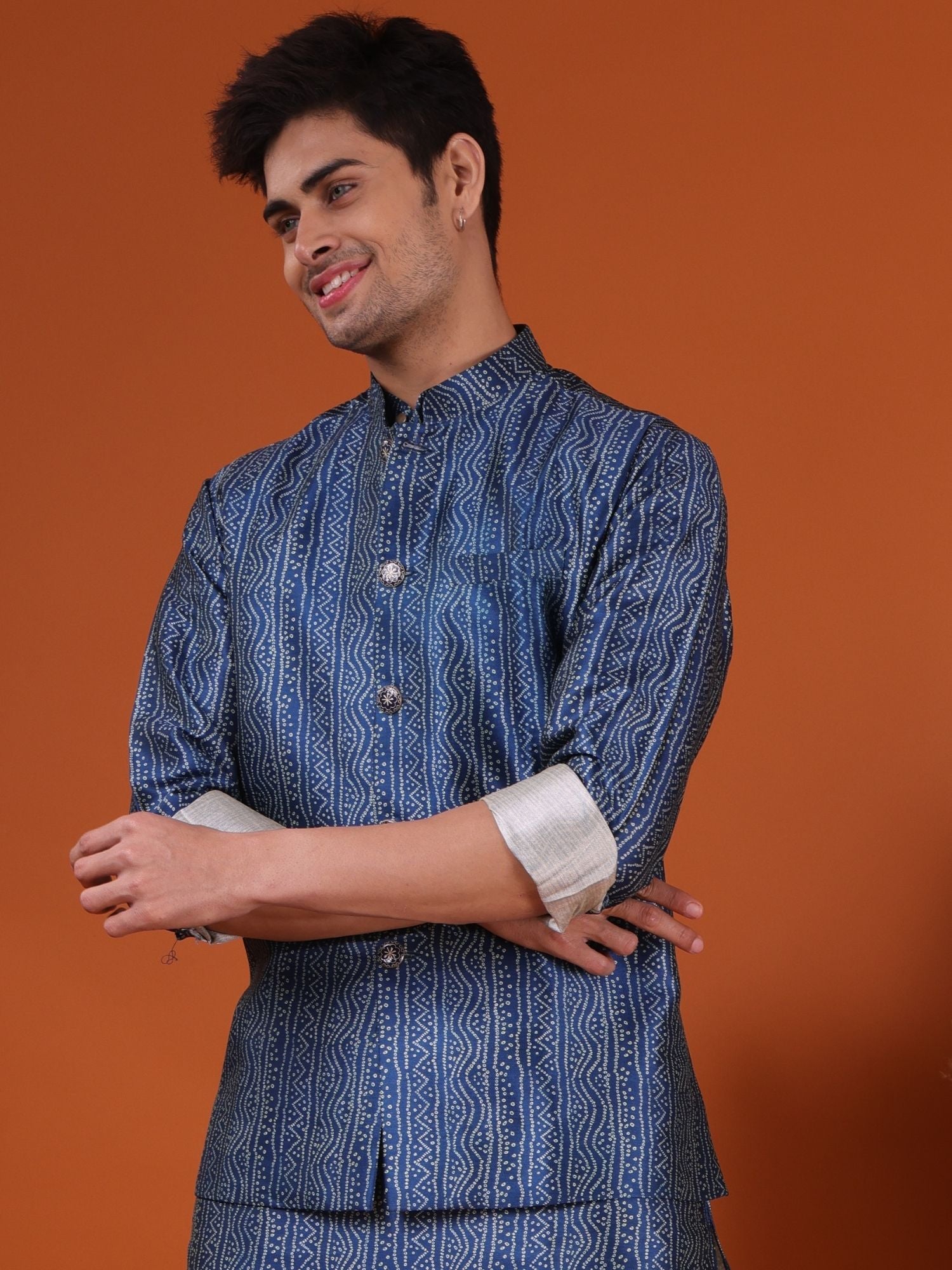 Iris Blue Bandhani Pattern Cotton Silk Kurta Jacket Set