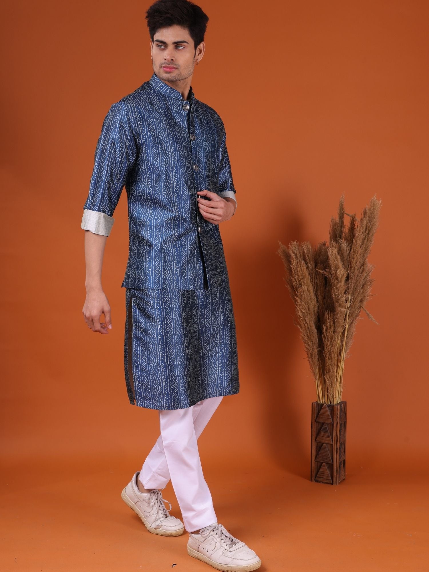 Iris Blue Bandhani Pattern Cotton Silk Kurta Jacket Set