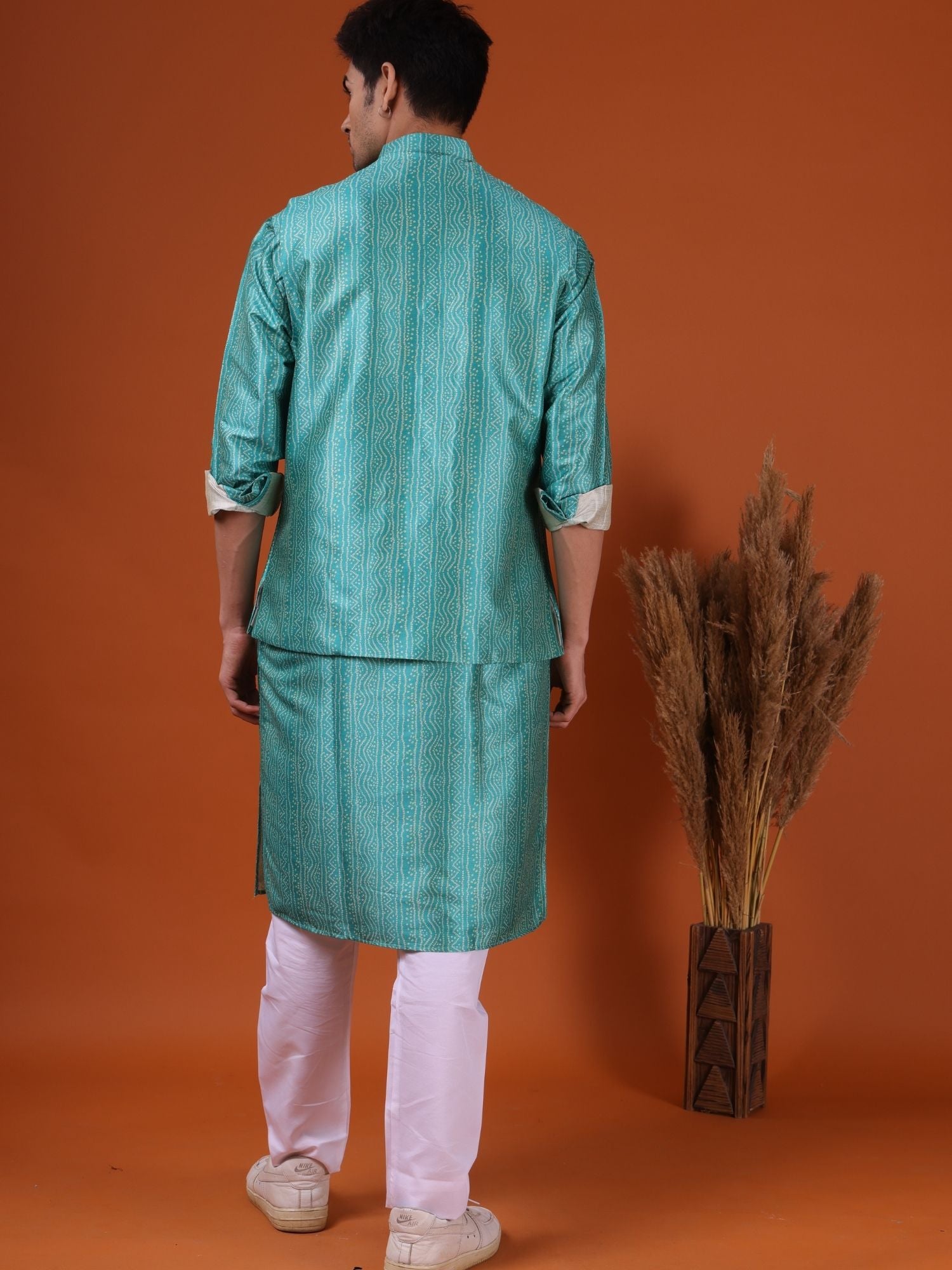 Tropical Green Pastel Silk Kurta Jacket Set
