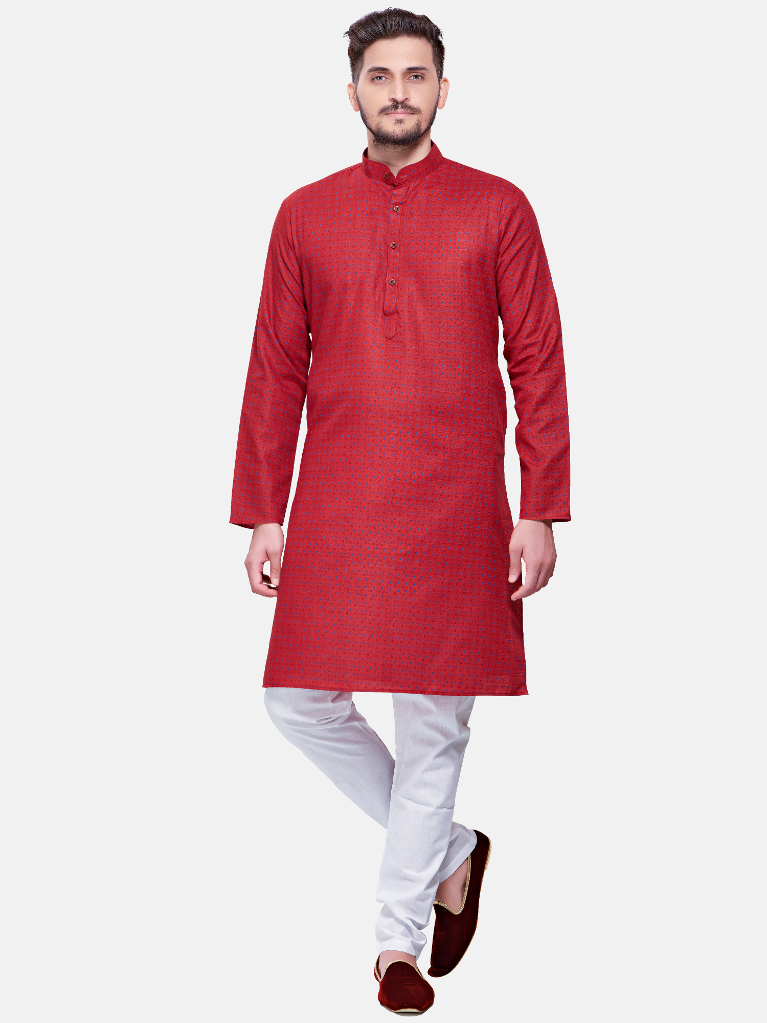Barn Red Dot Printed Cotton Kurta and Matching Dhoti