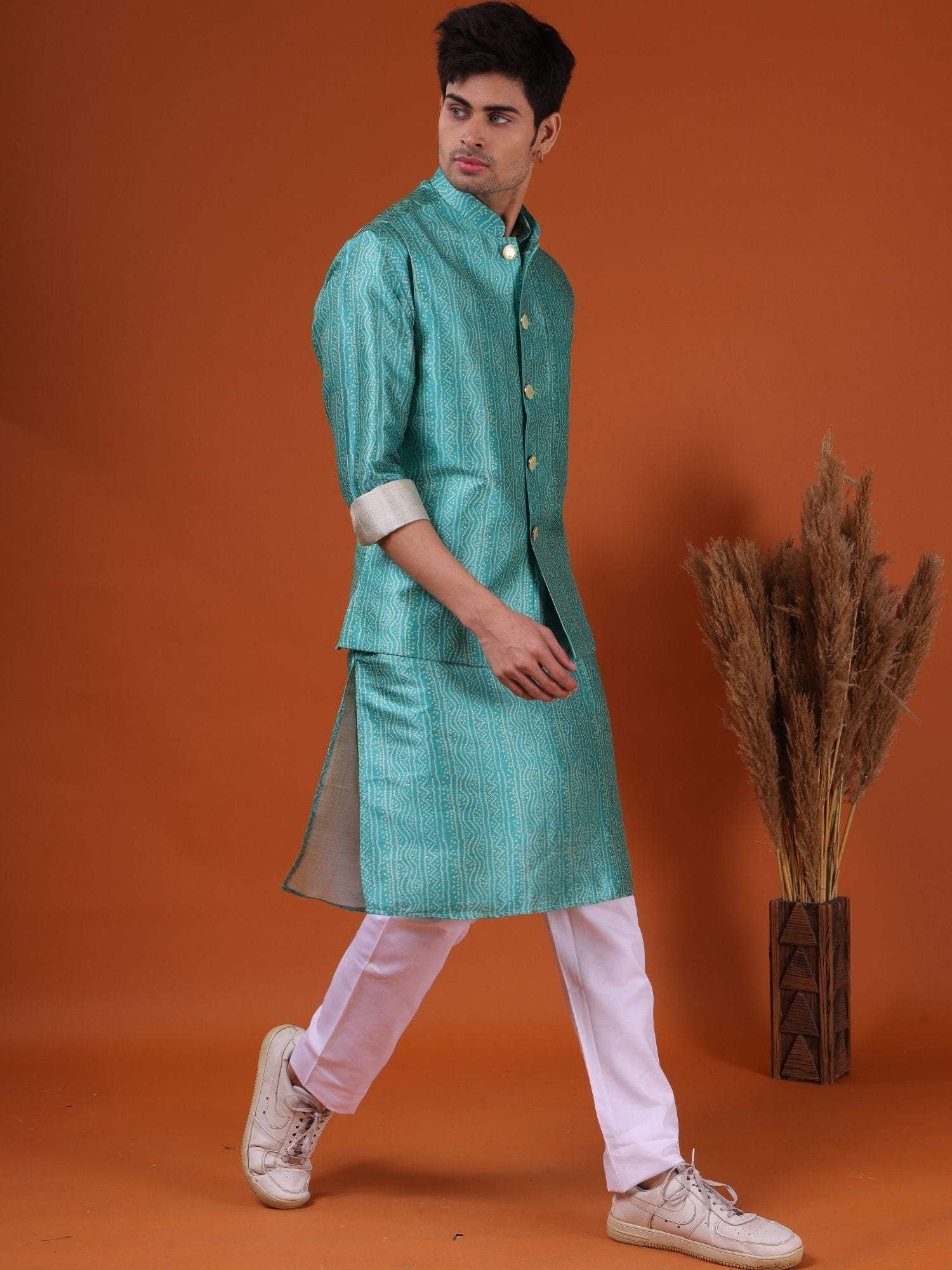 Tropical Green Pastel Silk Kurta Jacket Set