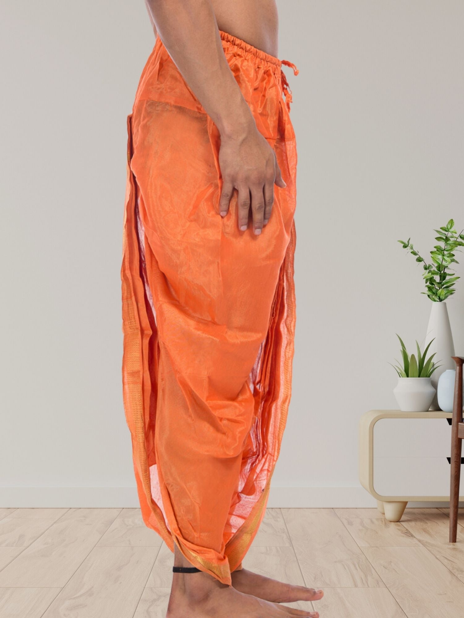 Orange Pitambari Dhoti Ready To Wear Cotton Silk Dhoti