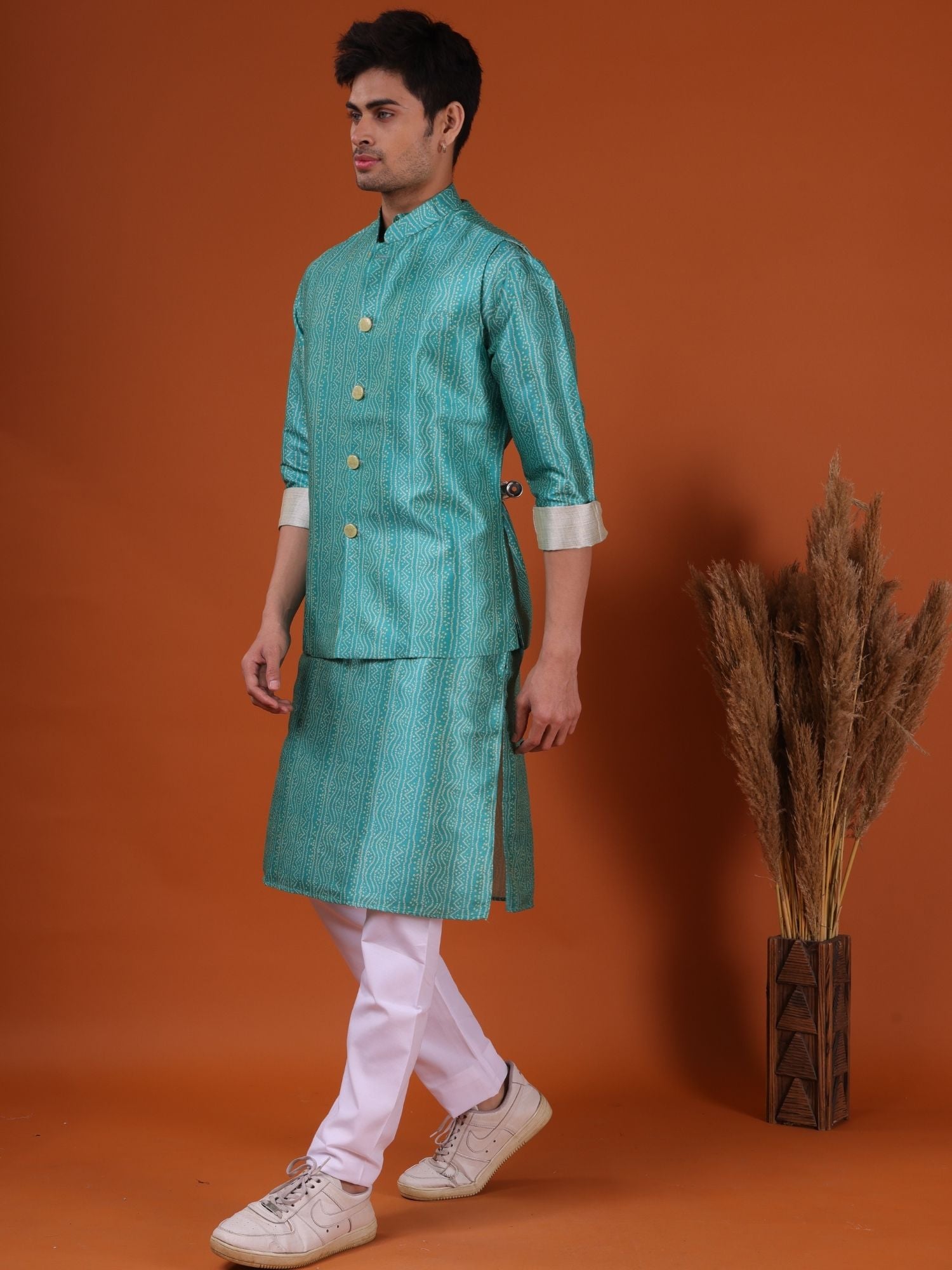 Tropical Green Pastel Silk Kurta Jacket Set