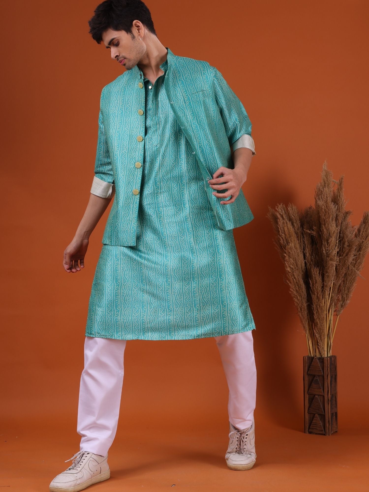 Tropical Green Pastel Silk Kurta Jacket Set