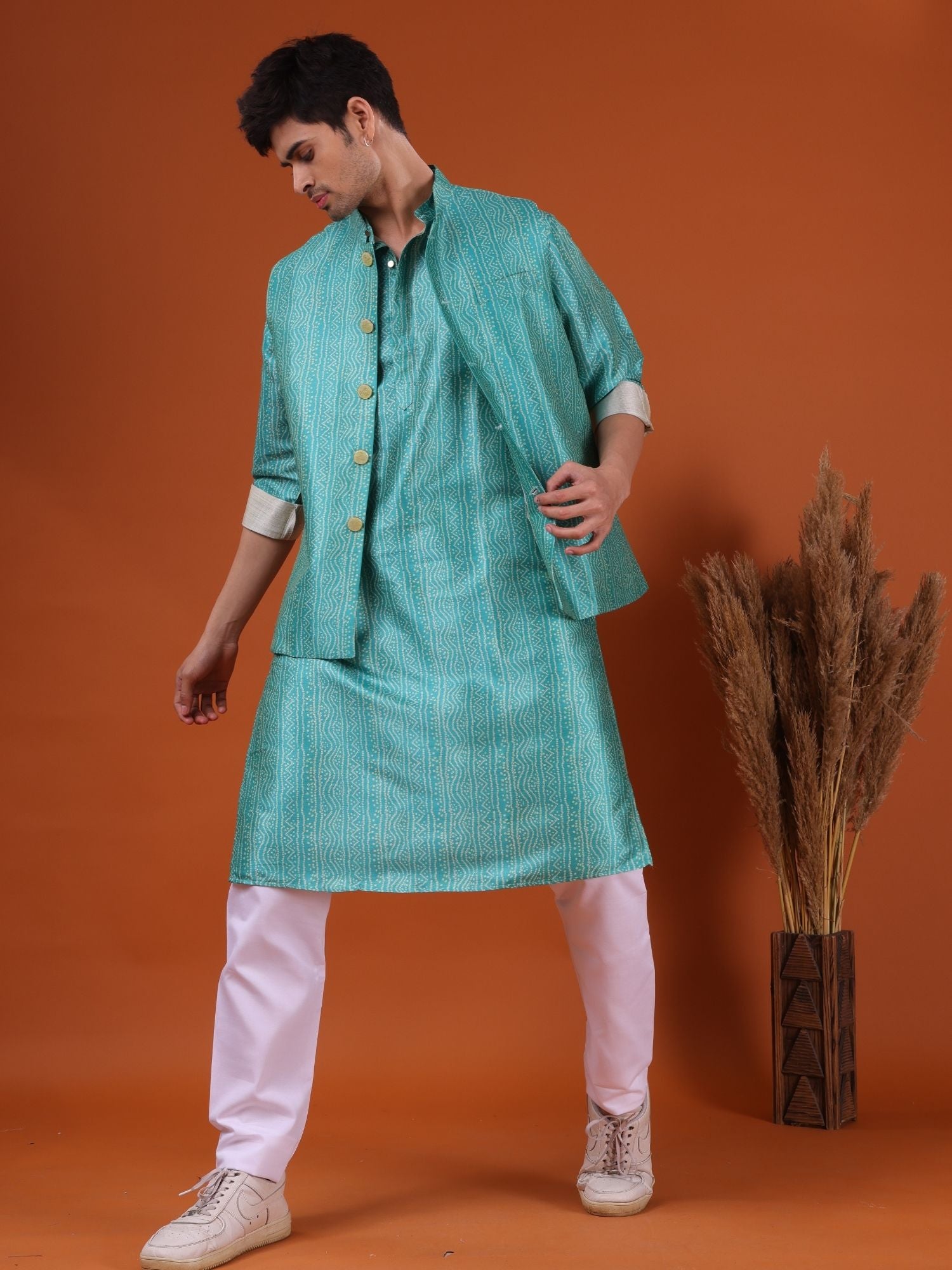 Tropical Green Pastel Silk Kurta Jacket Set