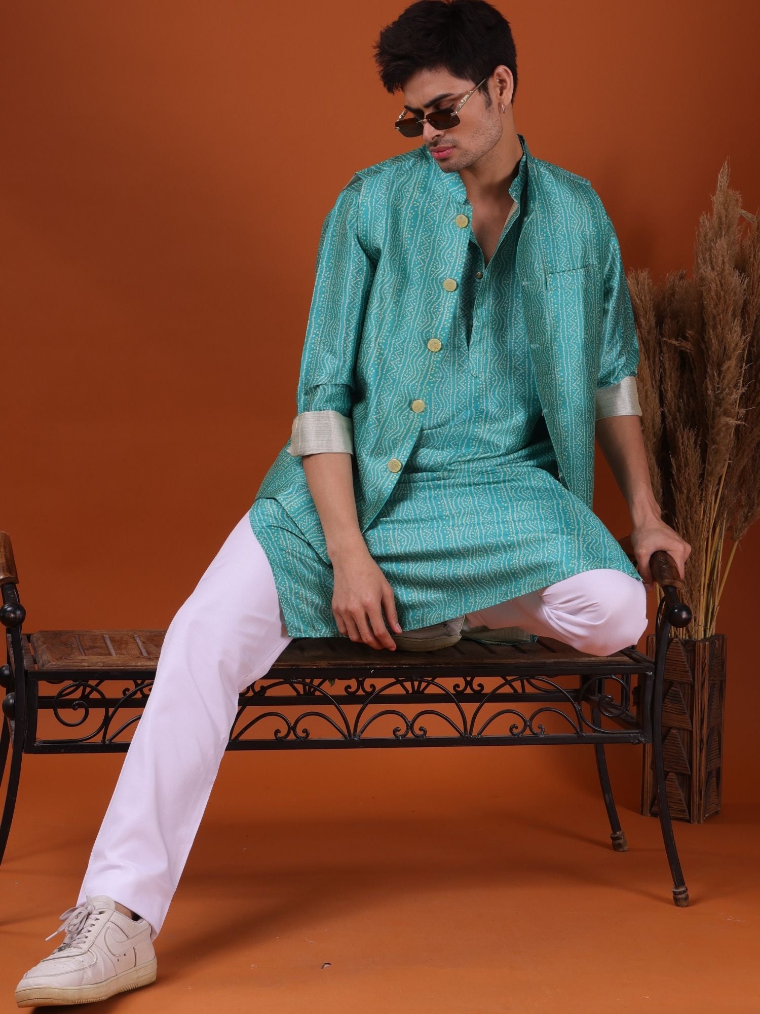Tropical Green Pastel Silk Kurta Jacket Set