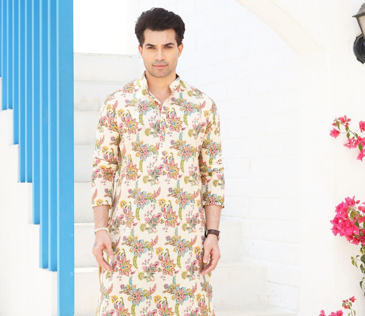 Azure Blue Floral Shervani Kurta Pajama Set