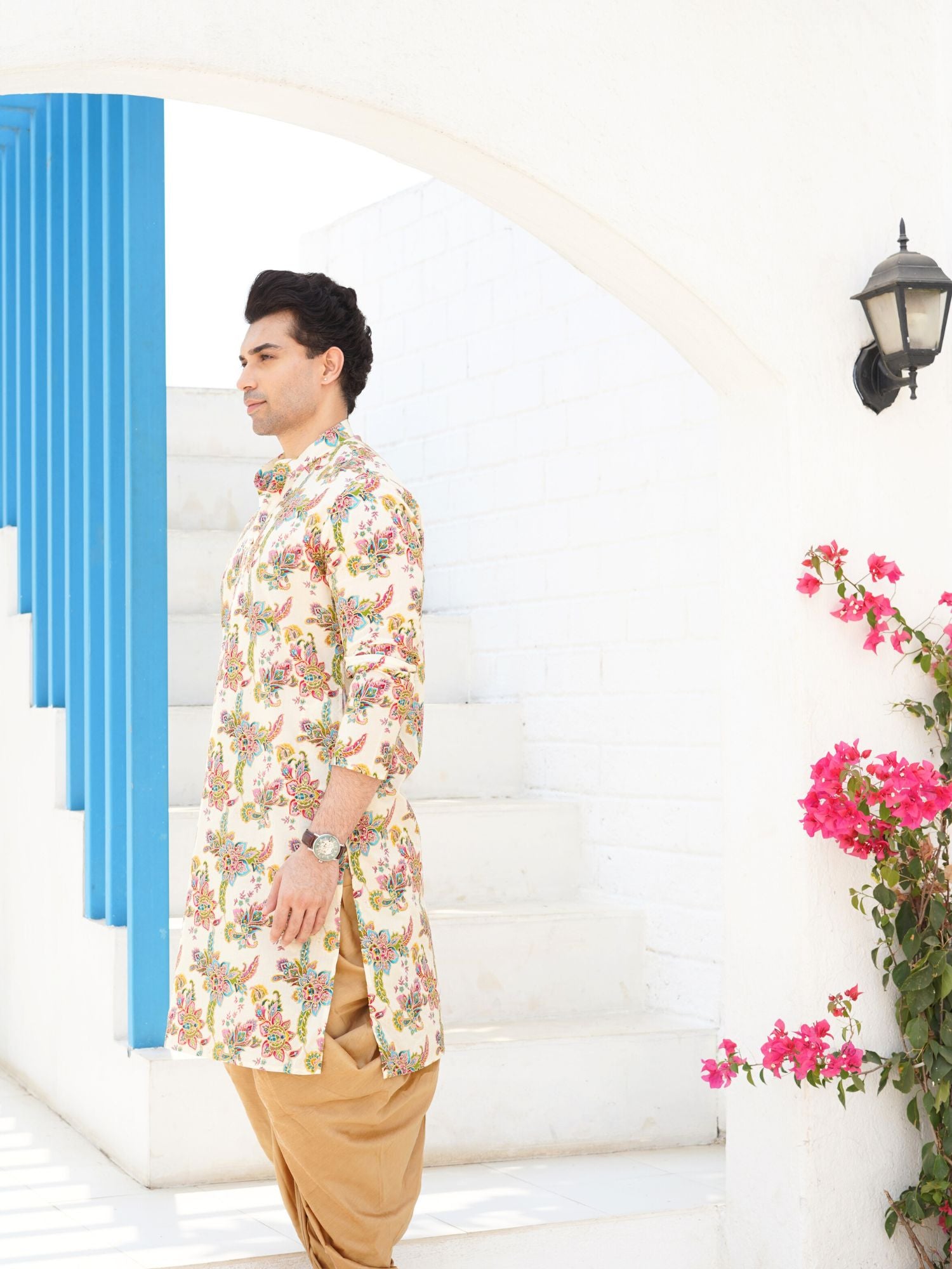 Azure Blue Floral Shervani Kurta Pajama Set