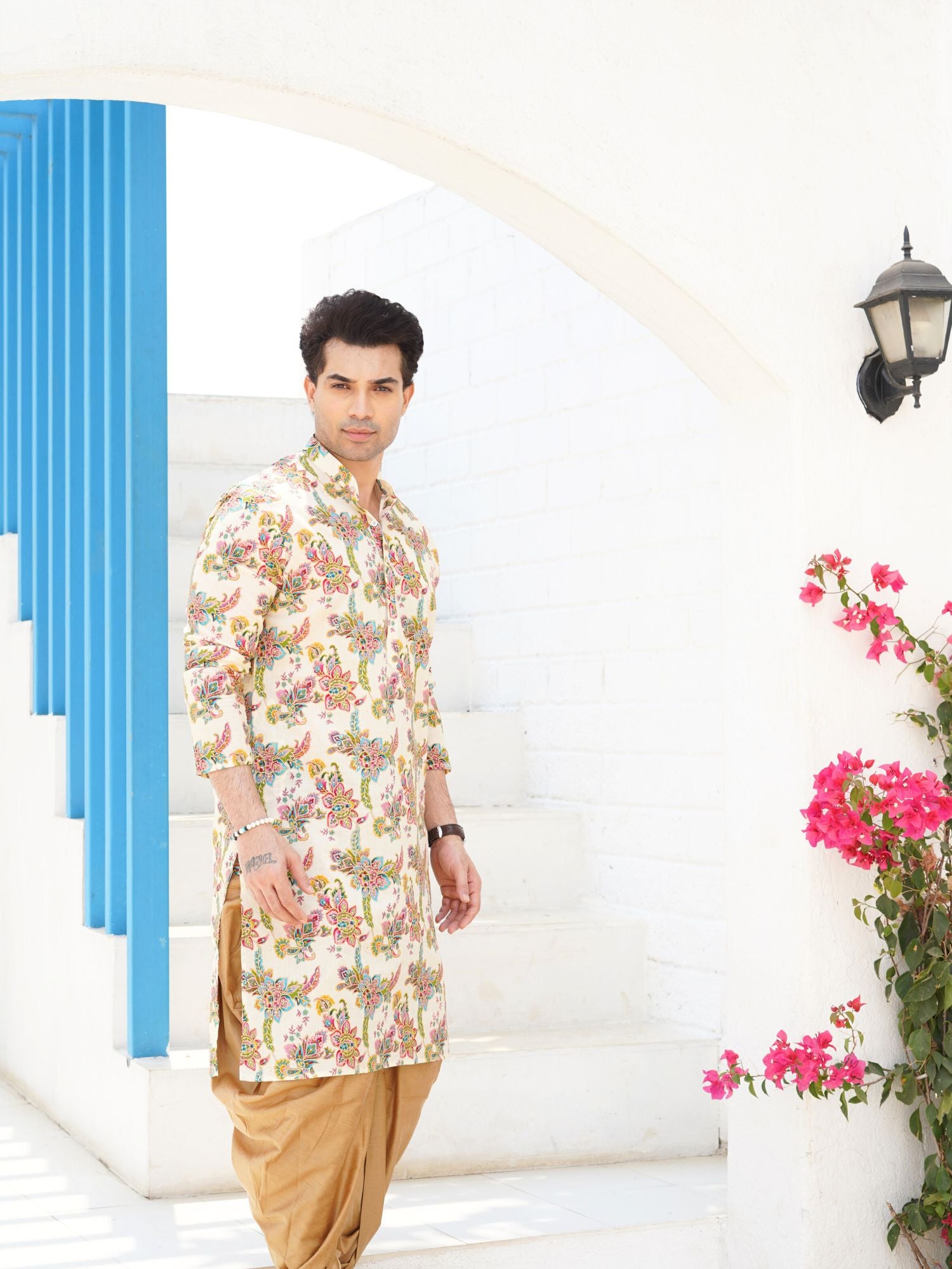 Azure Blue Floral Shervani Kurta Pajama Set