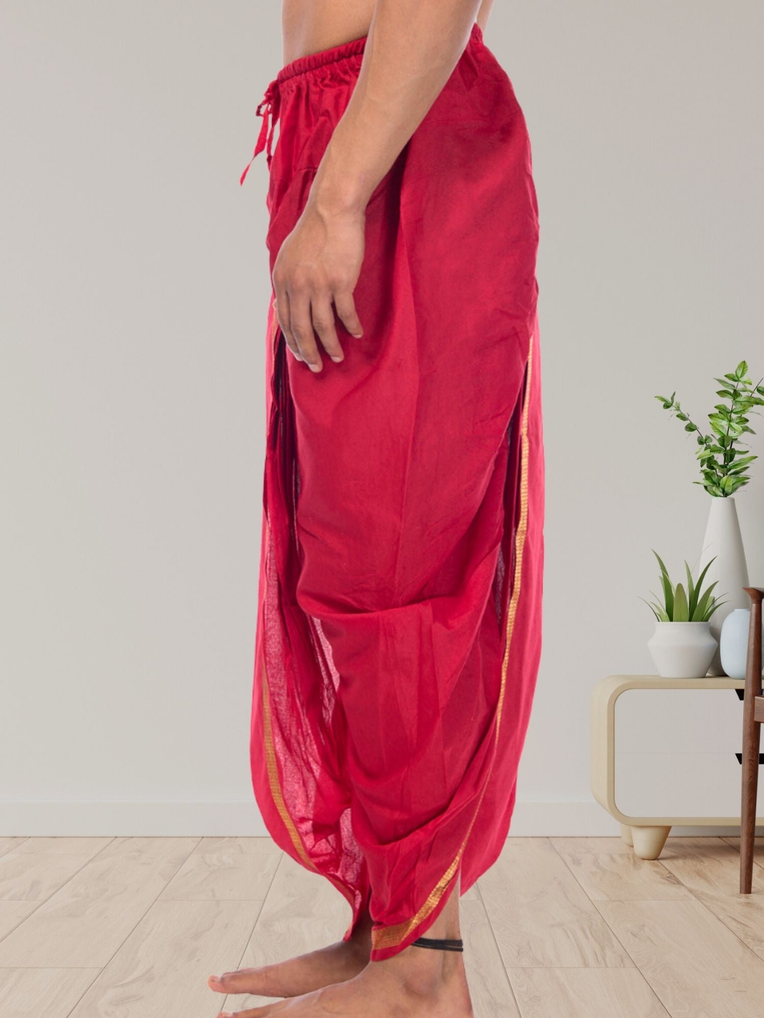 Red Pitambari Dhoti Ready To Wear Cotton Silk Dhoti