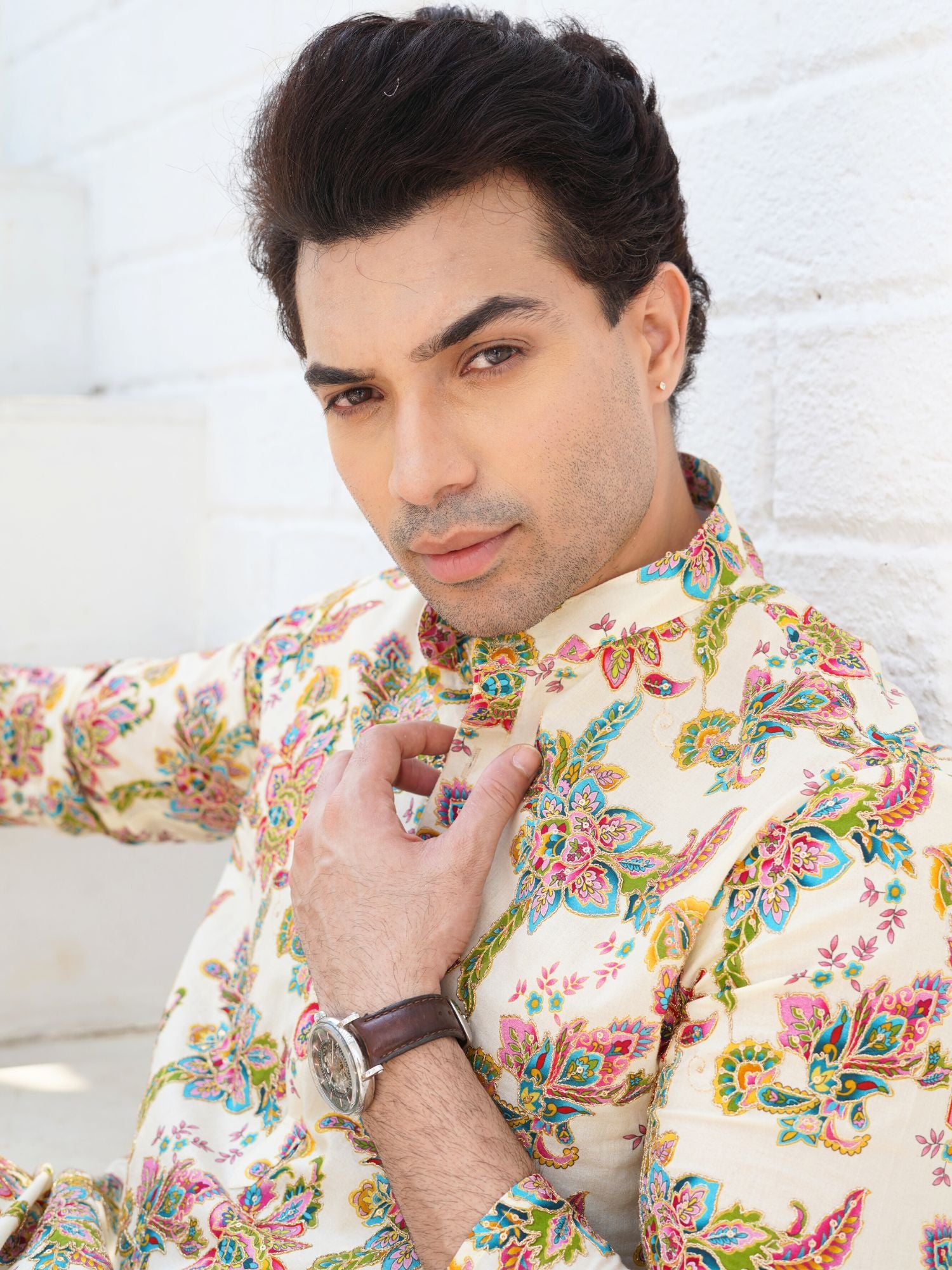 Azure Blue Floral Shervani Kurta Pajama Set