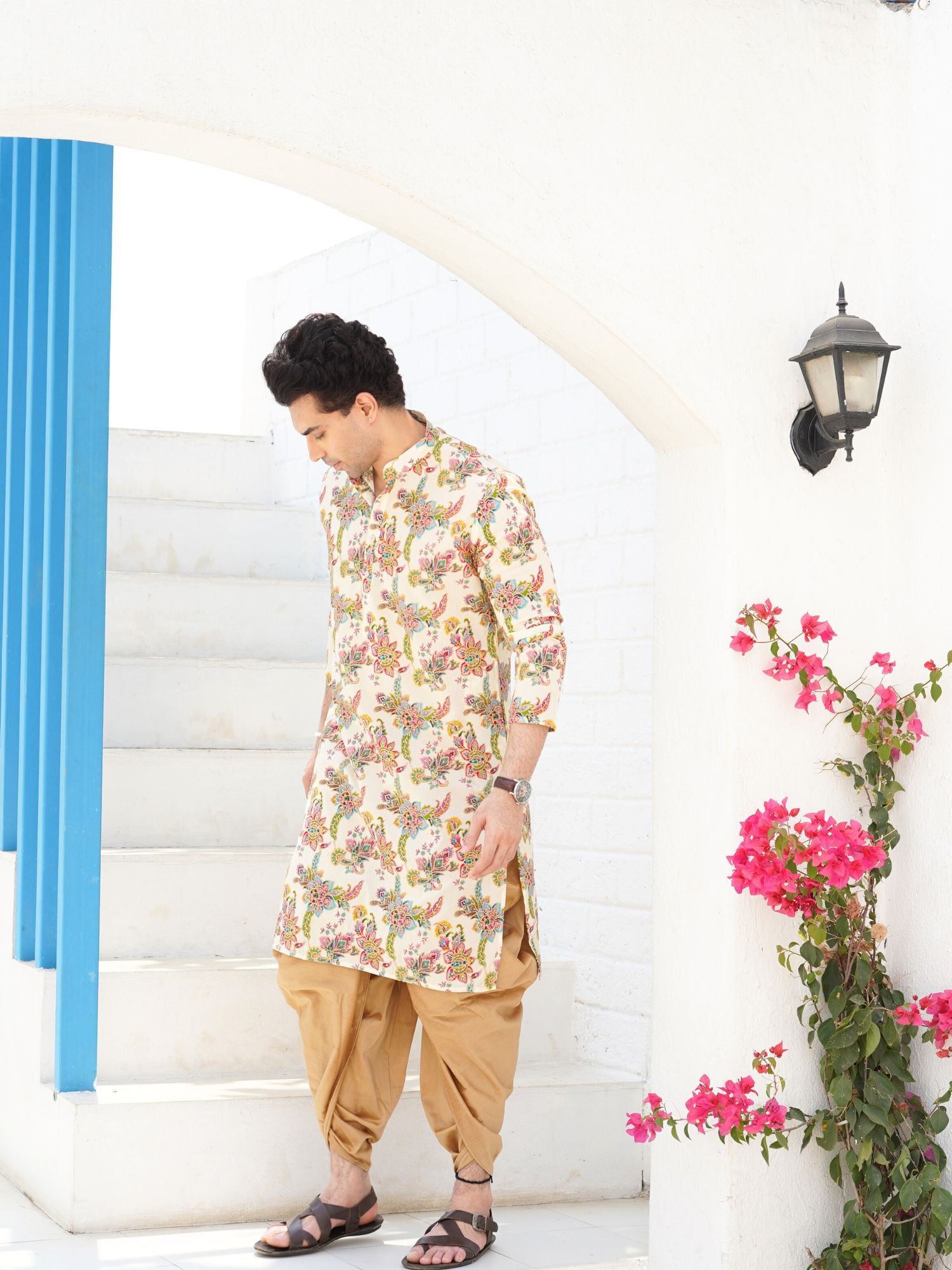 Azure Blue Floral Shervani Kurta Pajama Set