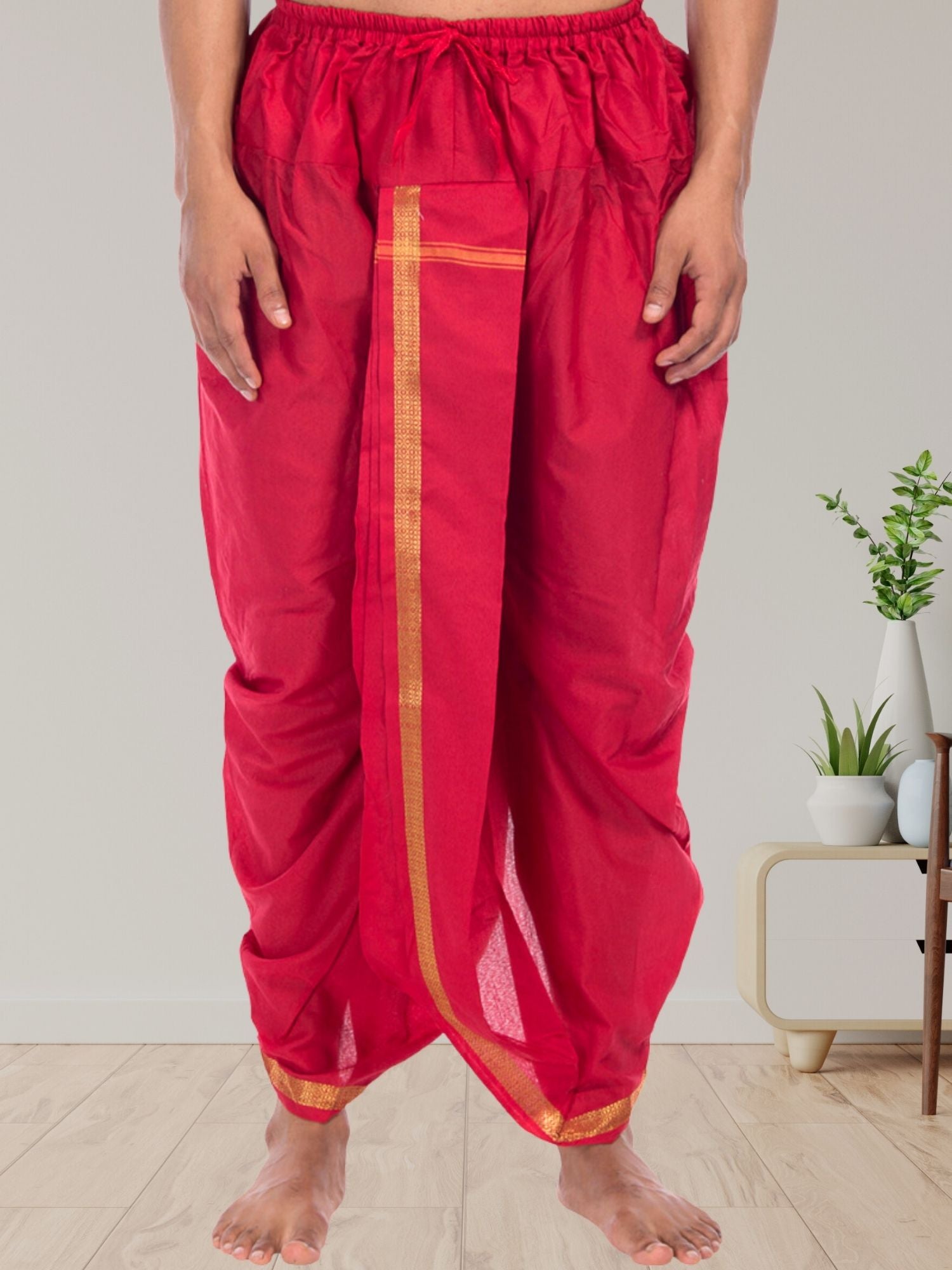 Red Pitambari Dhoti Ready To Wear Cotton Silk Dhoti
