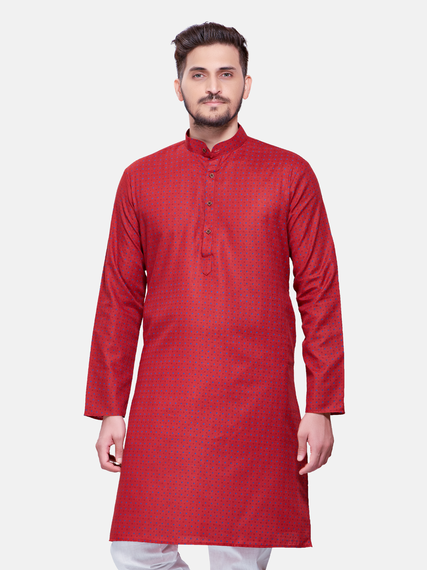 Barn Red Dot Printed Cotton Kurta and Matching Dhoti