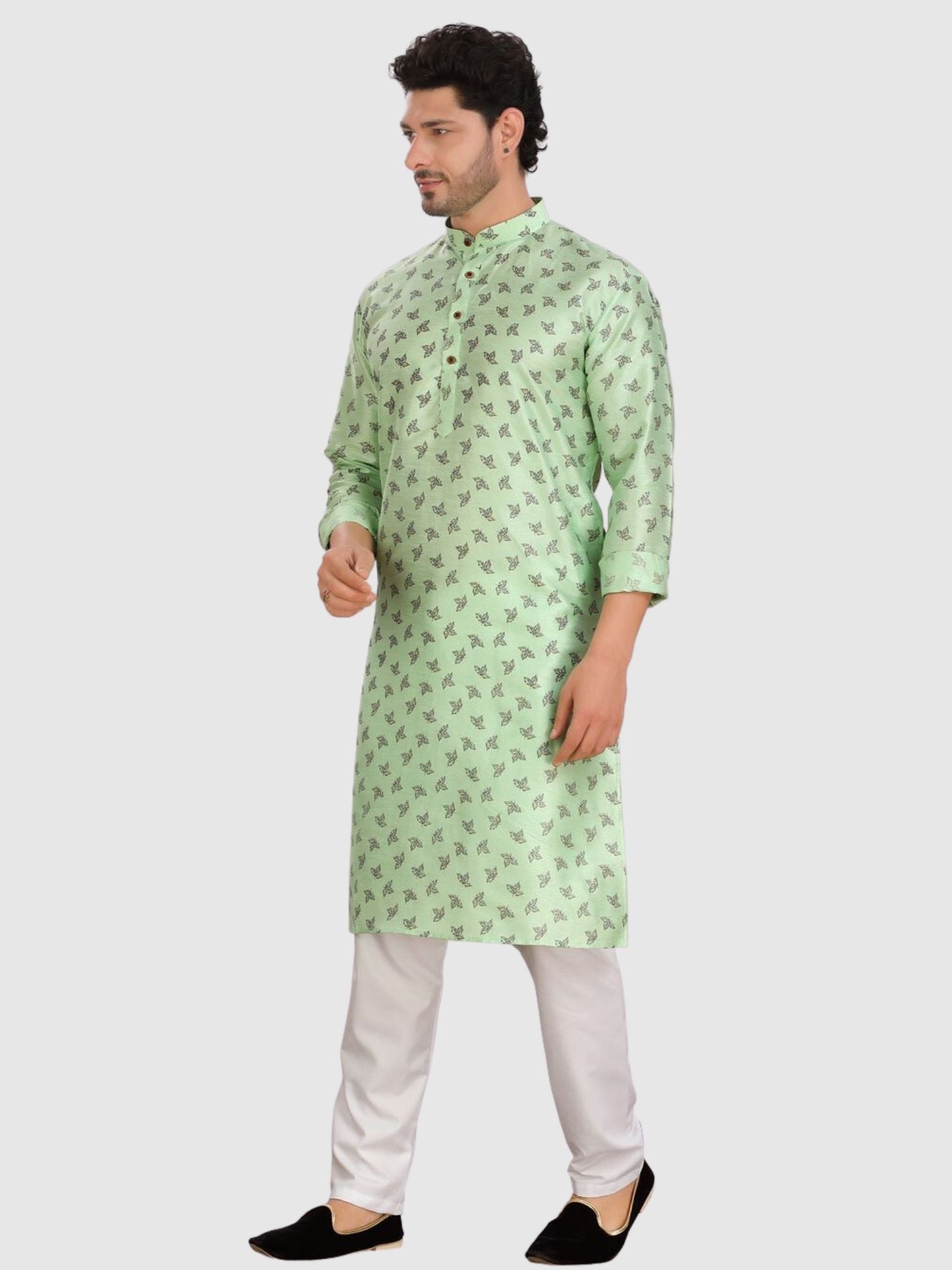 Tropical Green Silk Printed Kurta and Matching Dhoti
