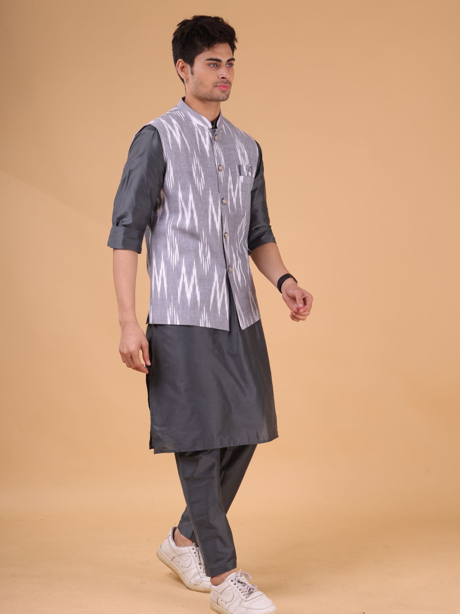 Metal Grey Linen Cotton Nehru Jacket