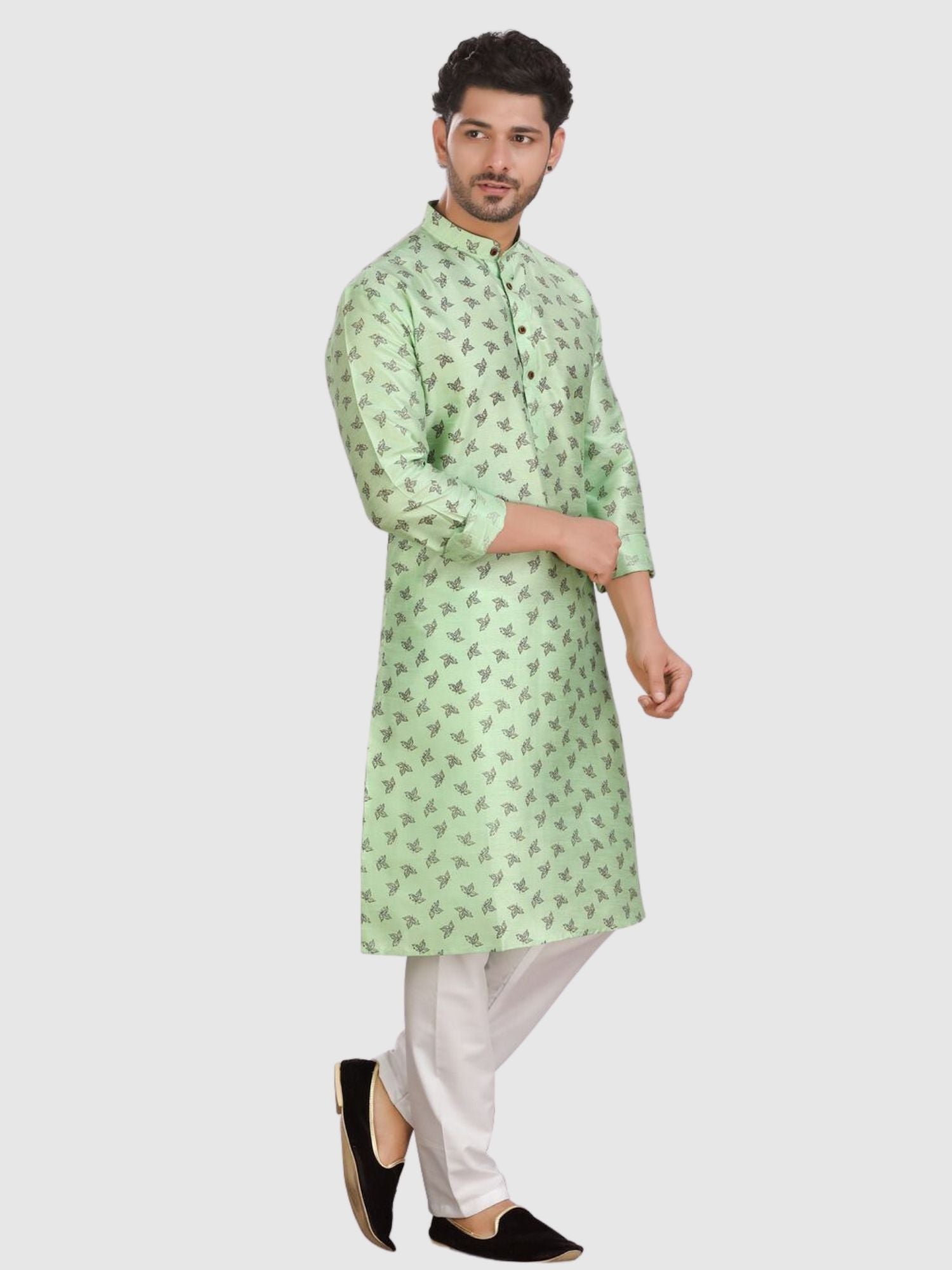 Tropical Green Silk Printed Kurta and Matching Dhoti
