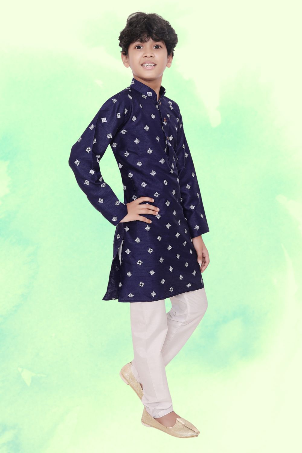 Iris Blue Hloom Printed Silk Kurta Pajama Suit