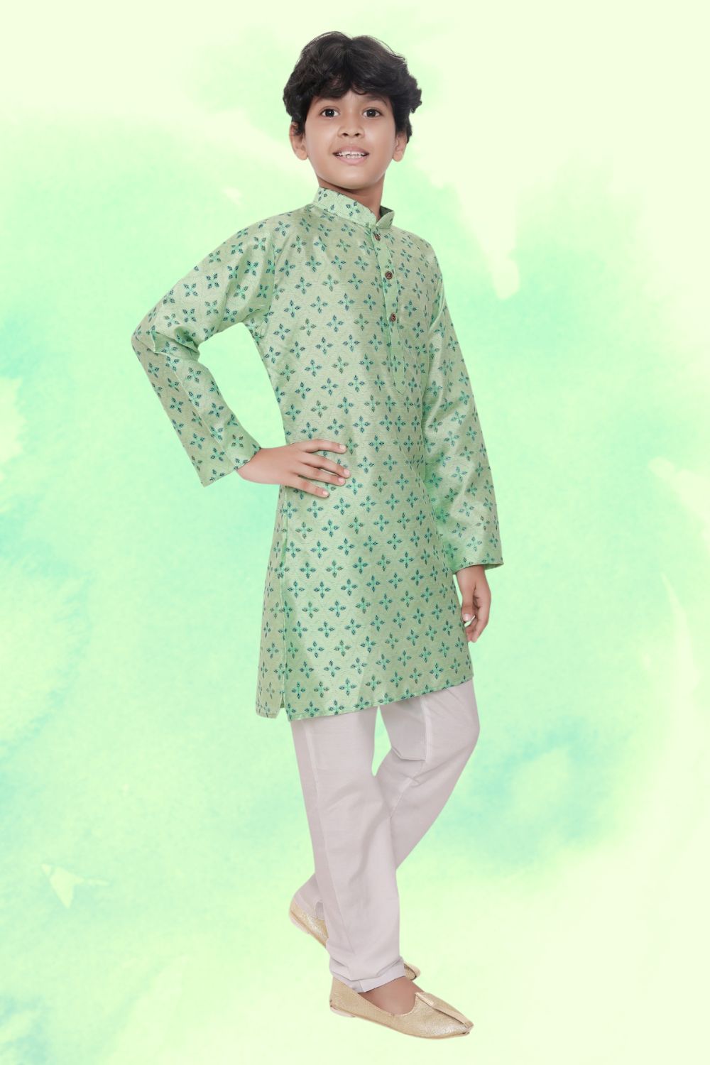 Tropica Green Hloom Printed Silk Kurta