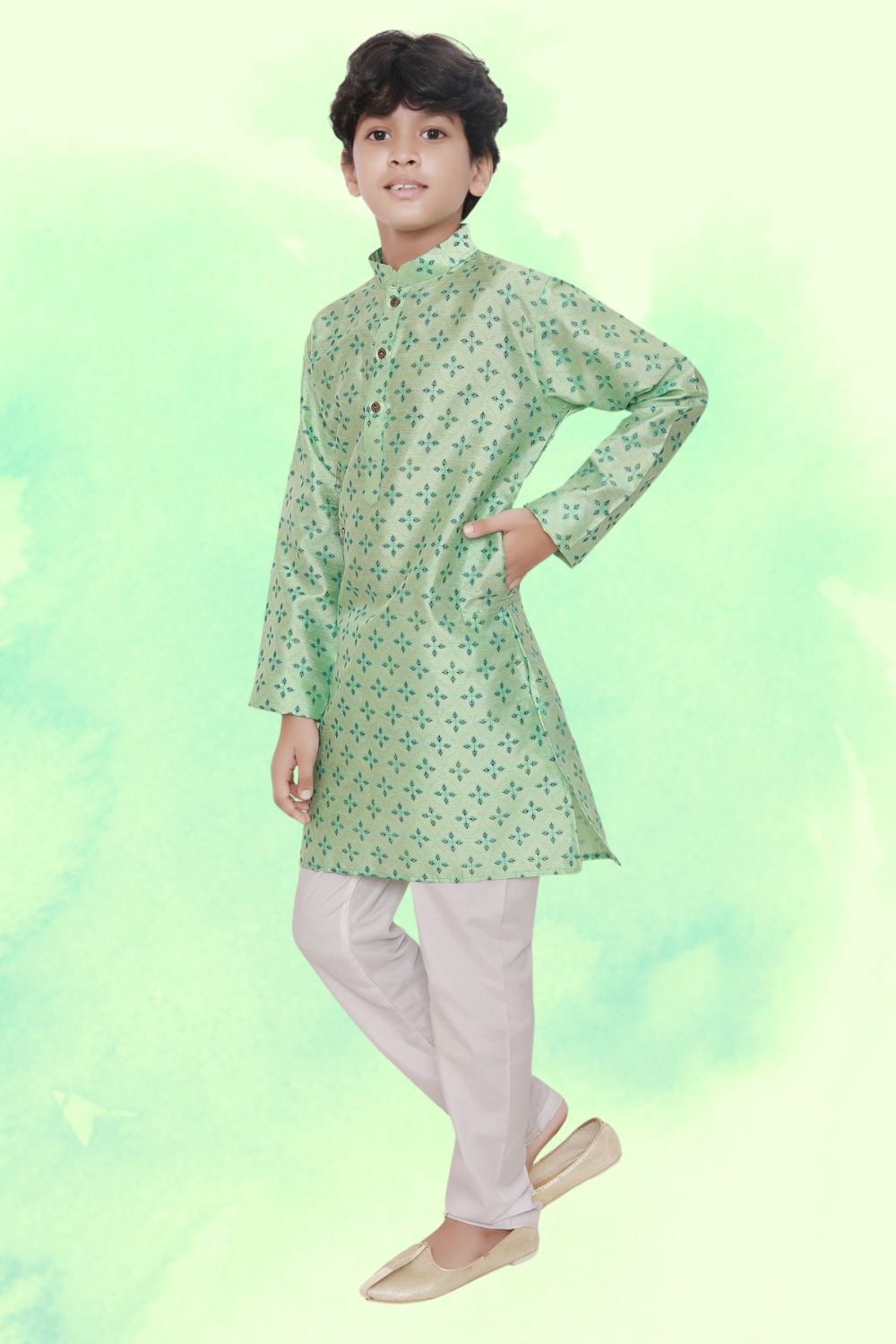 Tropica Green Hloom Printed Silk Kurta