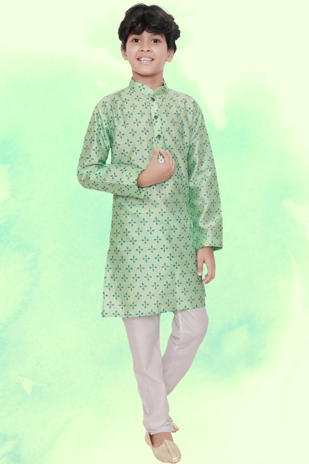 Tropica Green Hloom Printed Silk Kurta