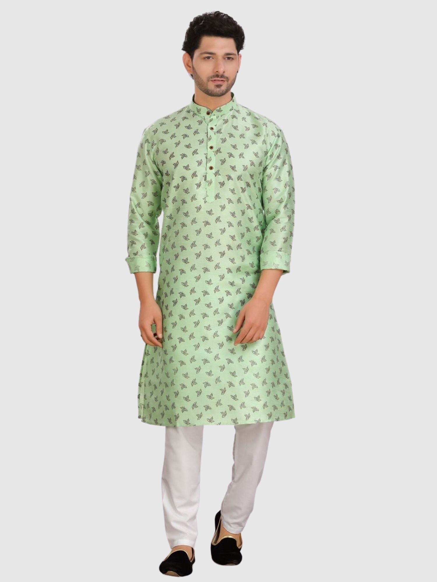Tropical Green Silk Printed Kurta and Matching Dhoti